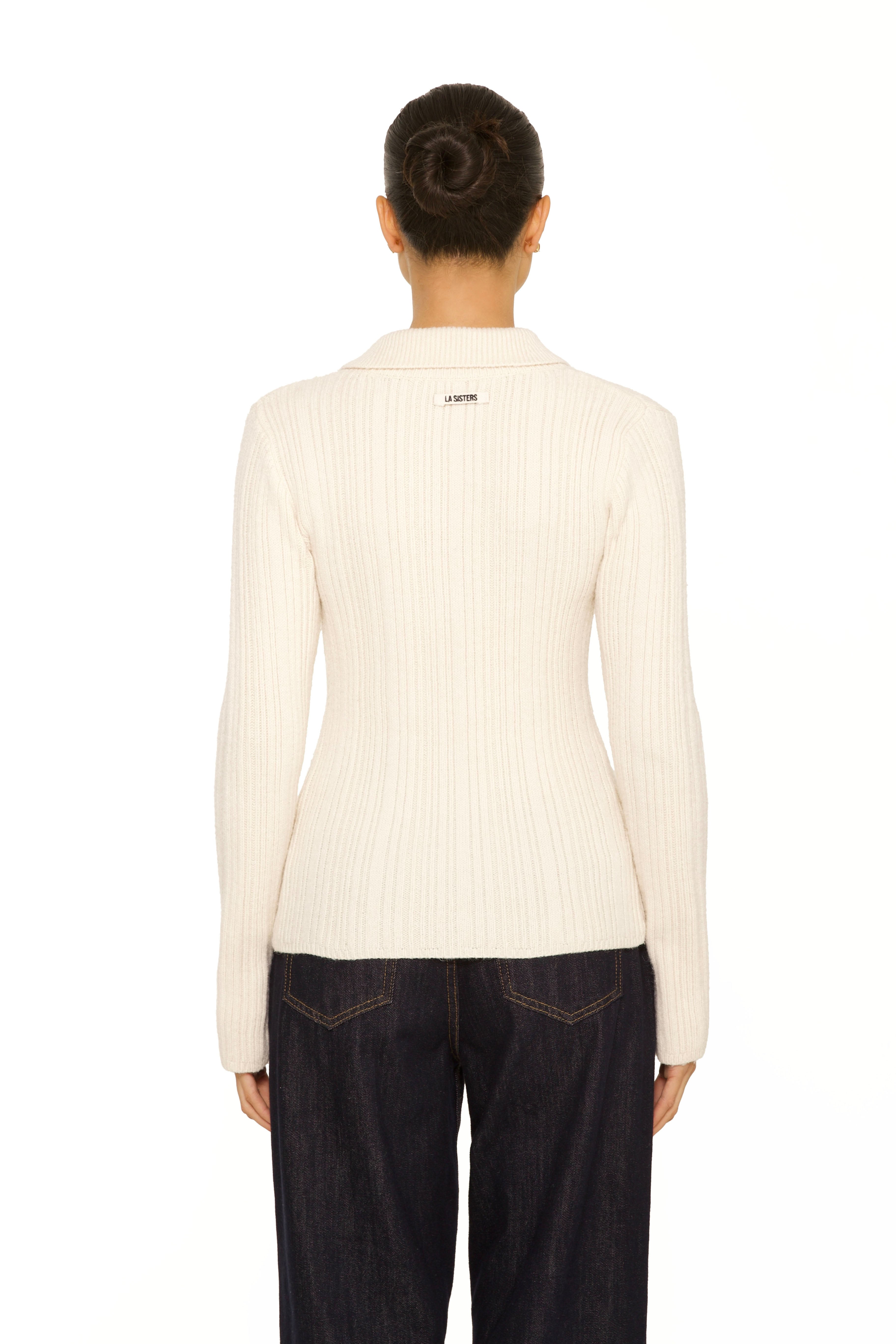 Knitted Long Sleeve Polo Top Beige