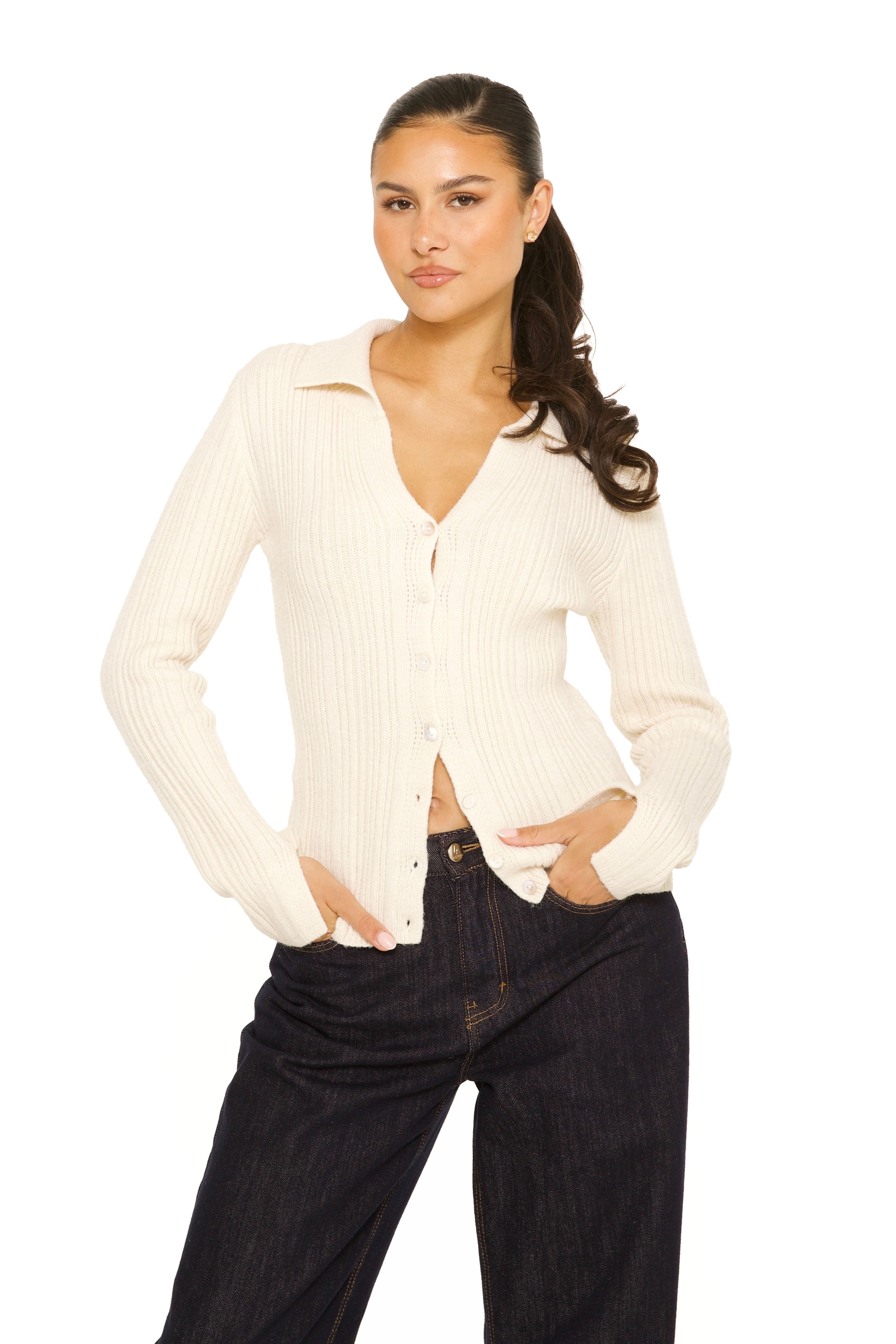 Knitted Long Sleeve Polo Top Beige