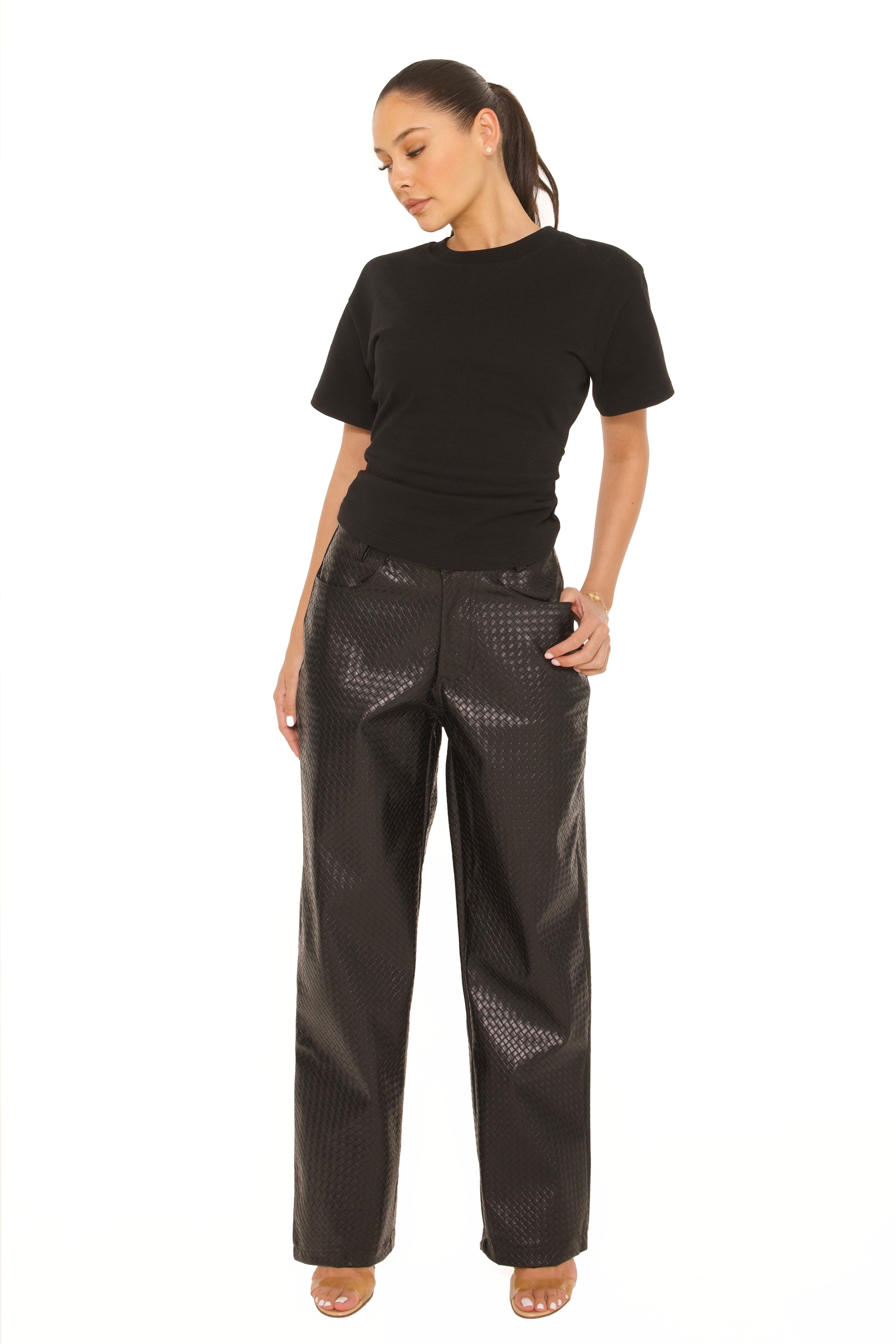 Leather Woven Pants Black