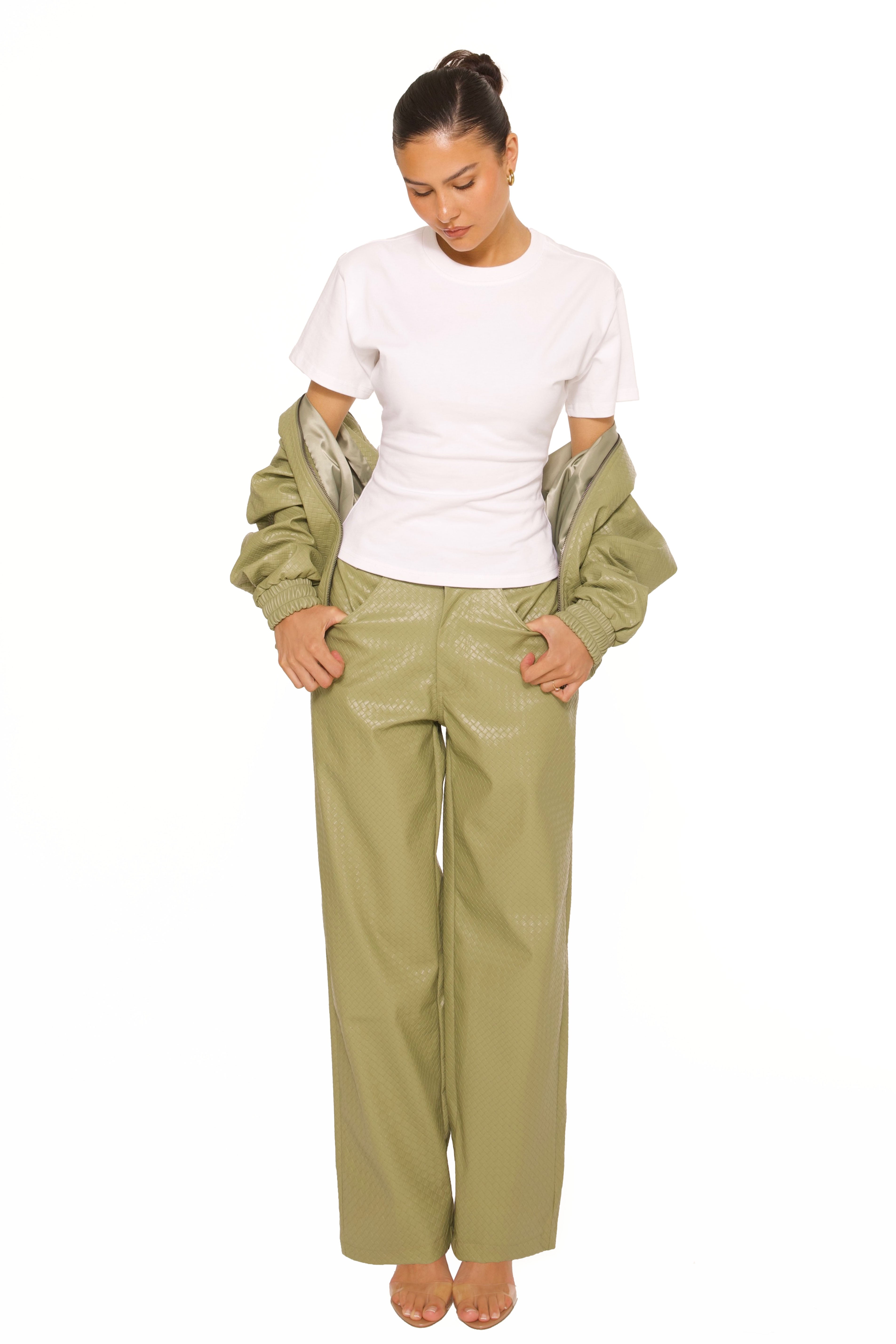 Leather Woven Pants Khaki