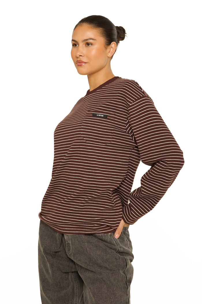 Long Sleeve Oversized Striped Tee Brown
