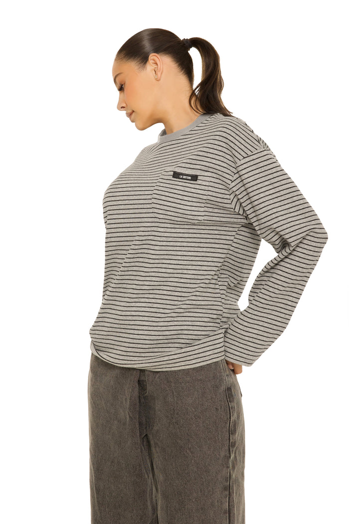 Long Sleeve Oversized Striped Tee Dark grey