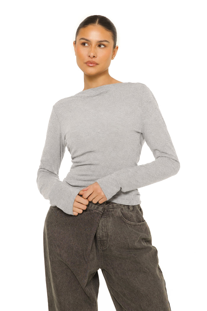 Long Sleeve Open Back Top Grey