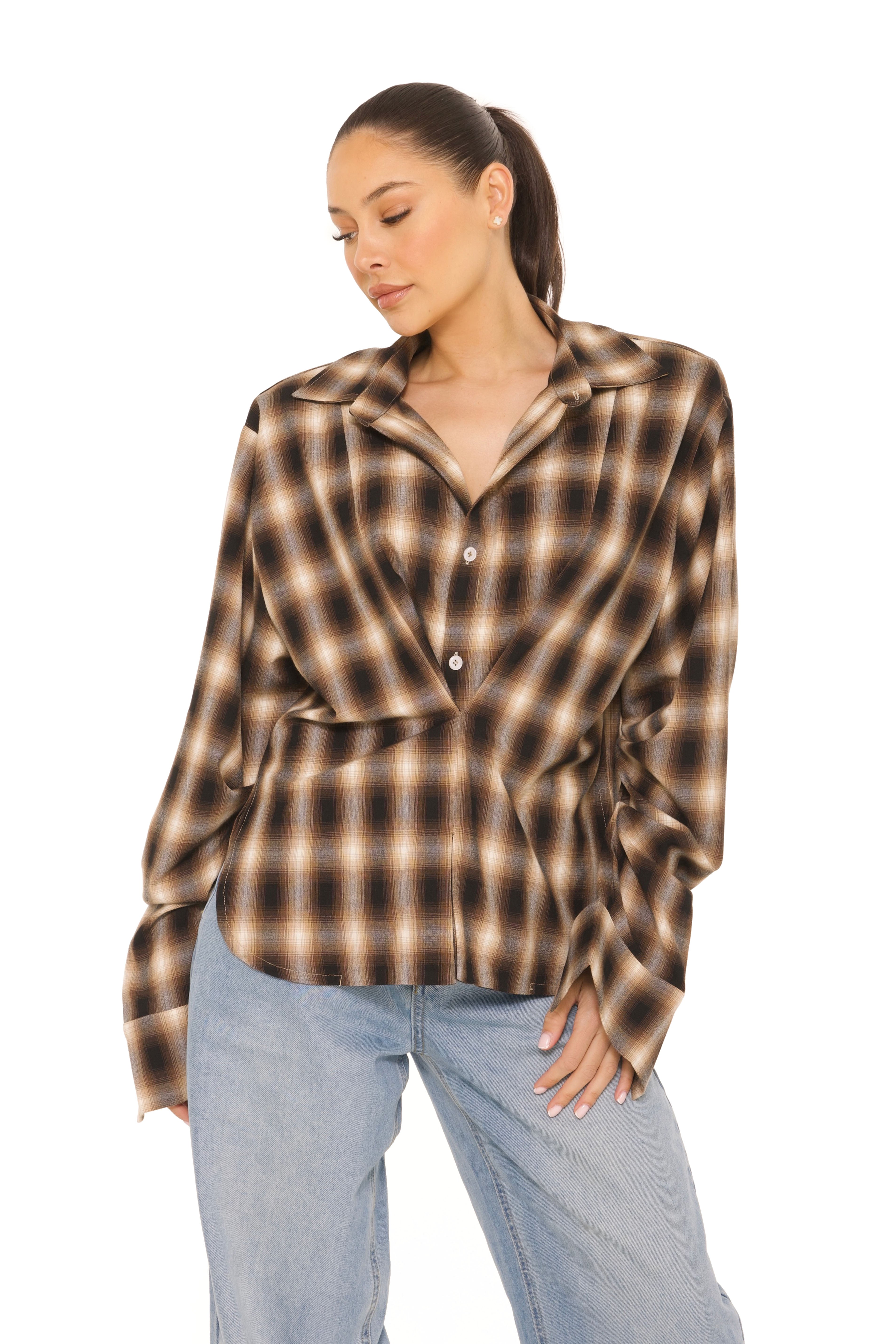 Oversized Checked Blouse Beige