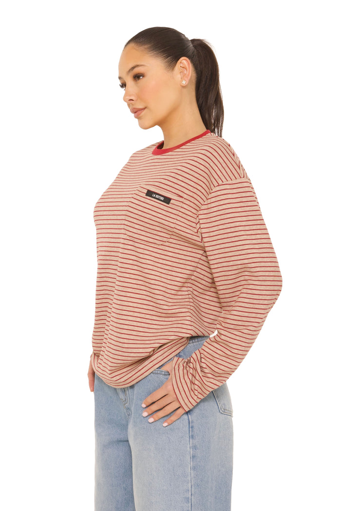 Long Sleeve Oversized Striped Tee Beige