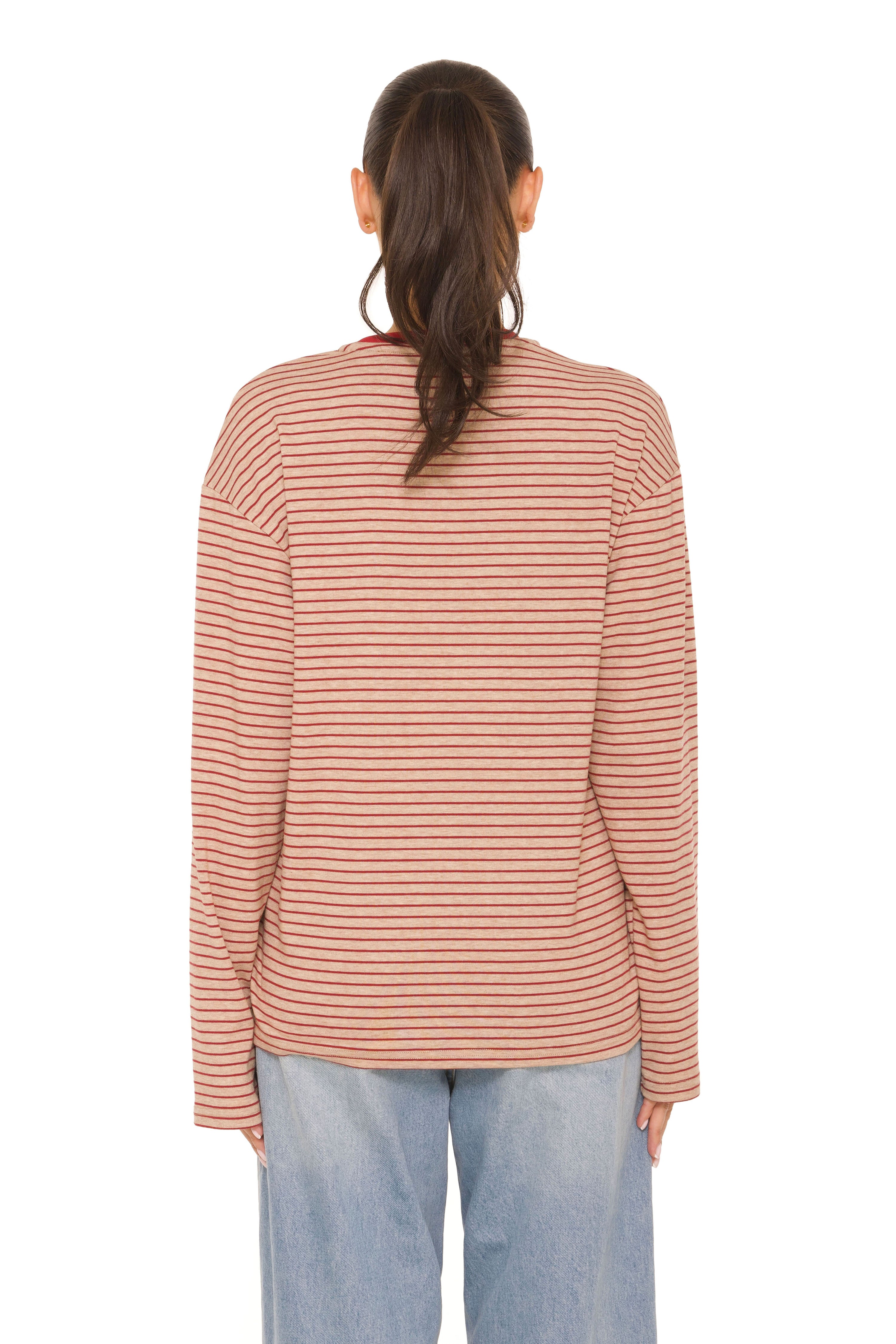 Long Sleeve Oversized Striped Tee Beige