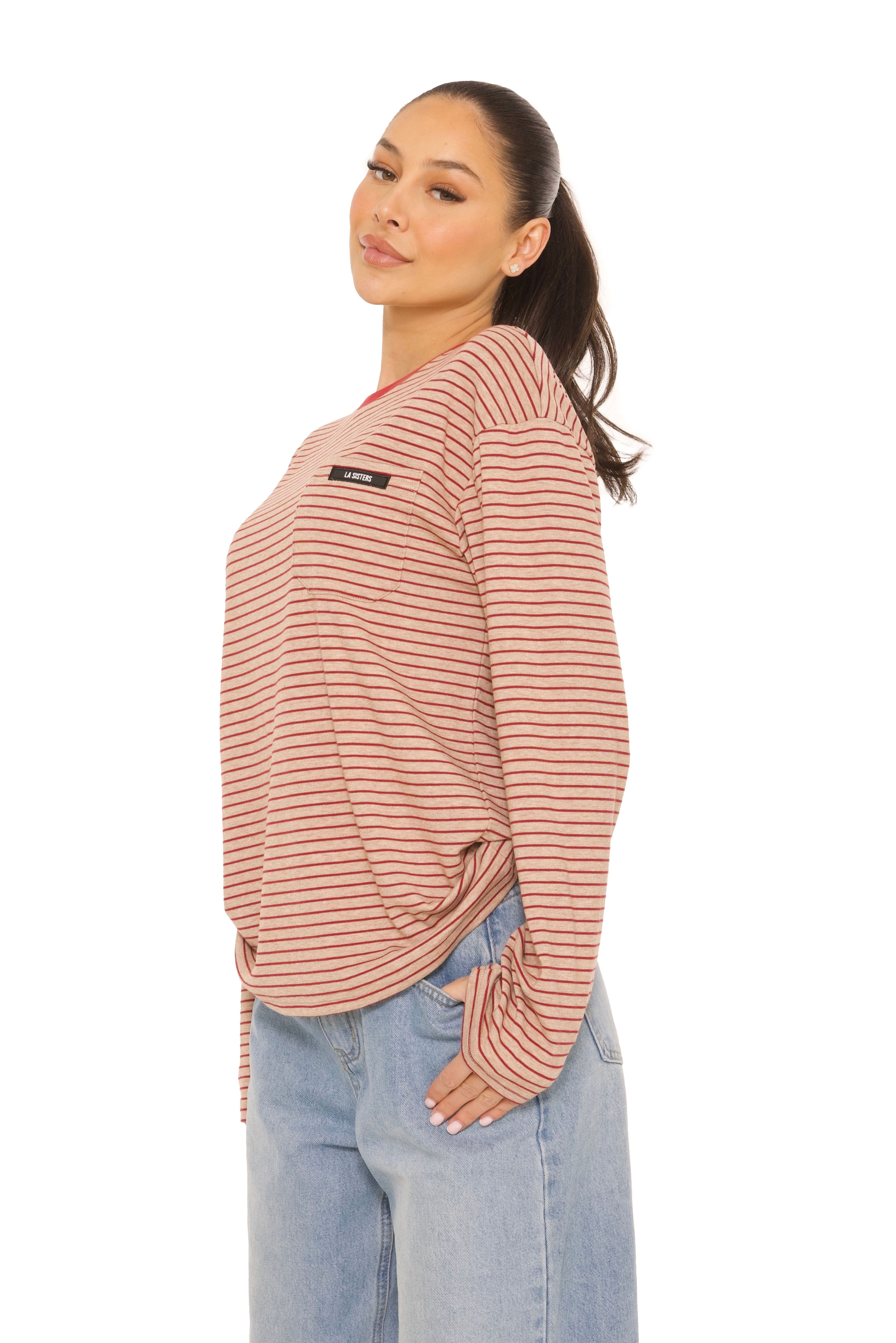 Long Sleeve Oversized Striped Tee Beige