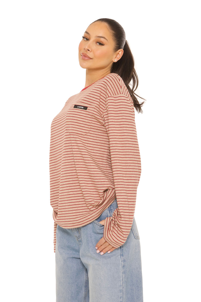Long Sleeve Oversized Striped Tee Beige