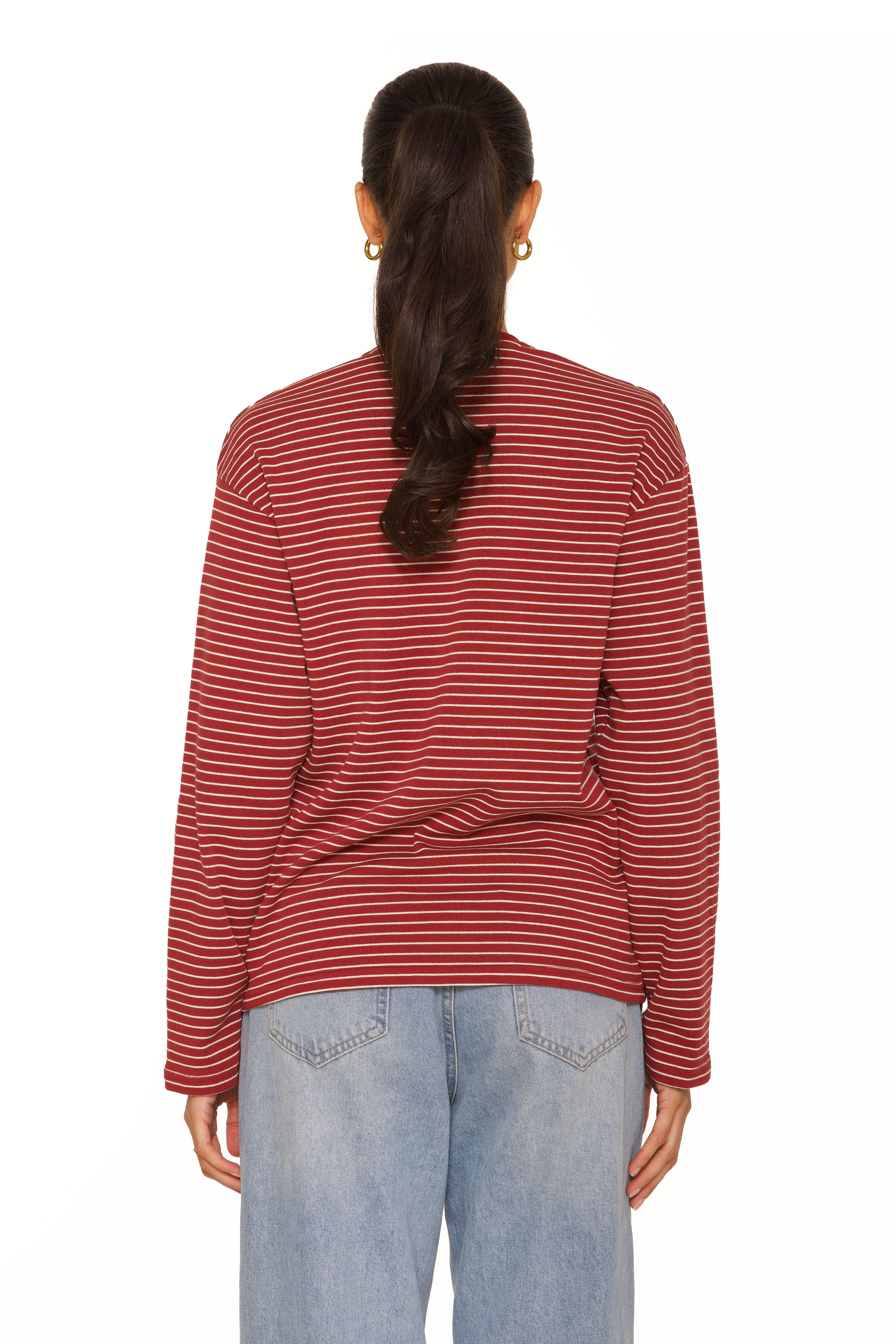 Long Sleeve Oversized Striped Tee Burgundy