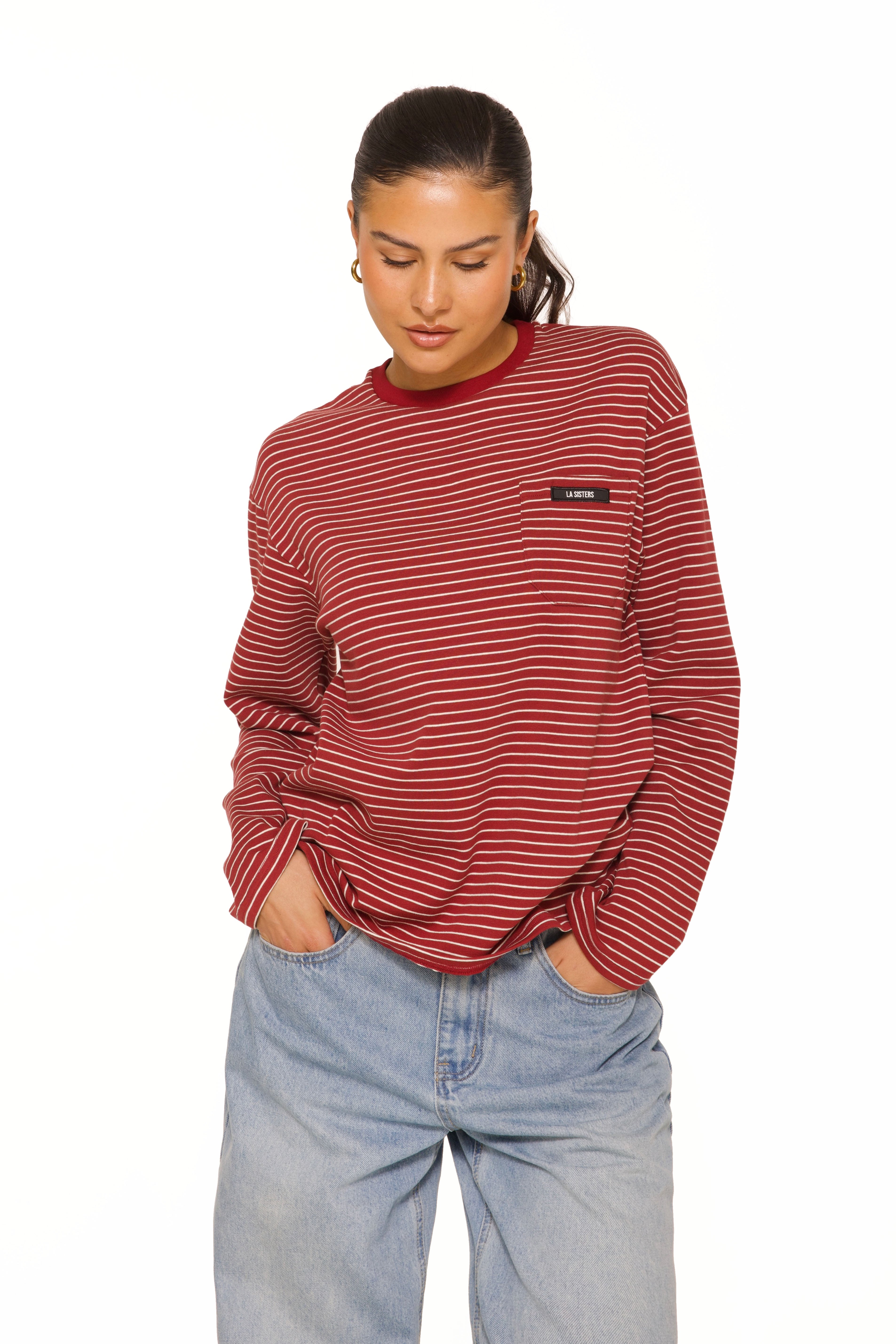 Long Sleeve Oversized Striped Tee Burgundy
