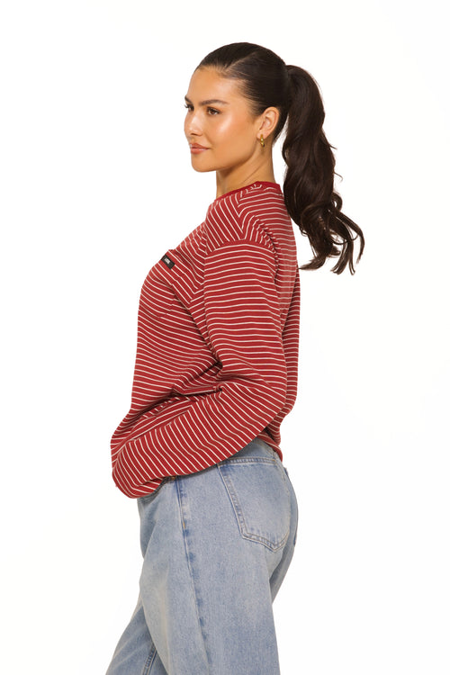 Long Sleeve Oversized Striped Tee Burgundy