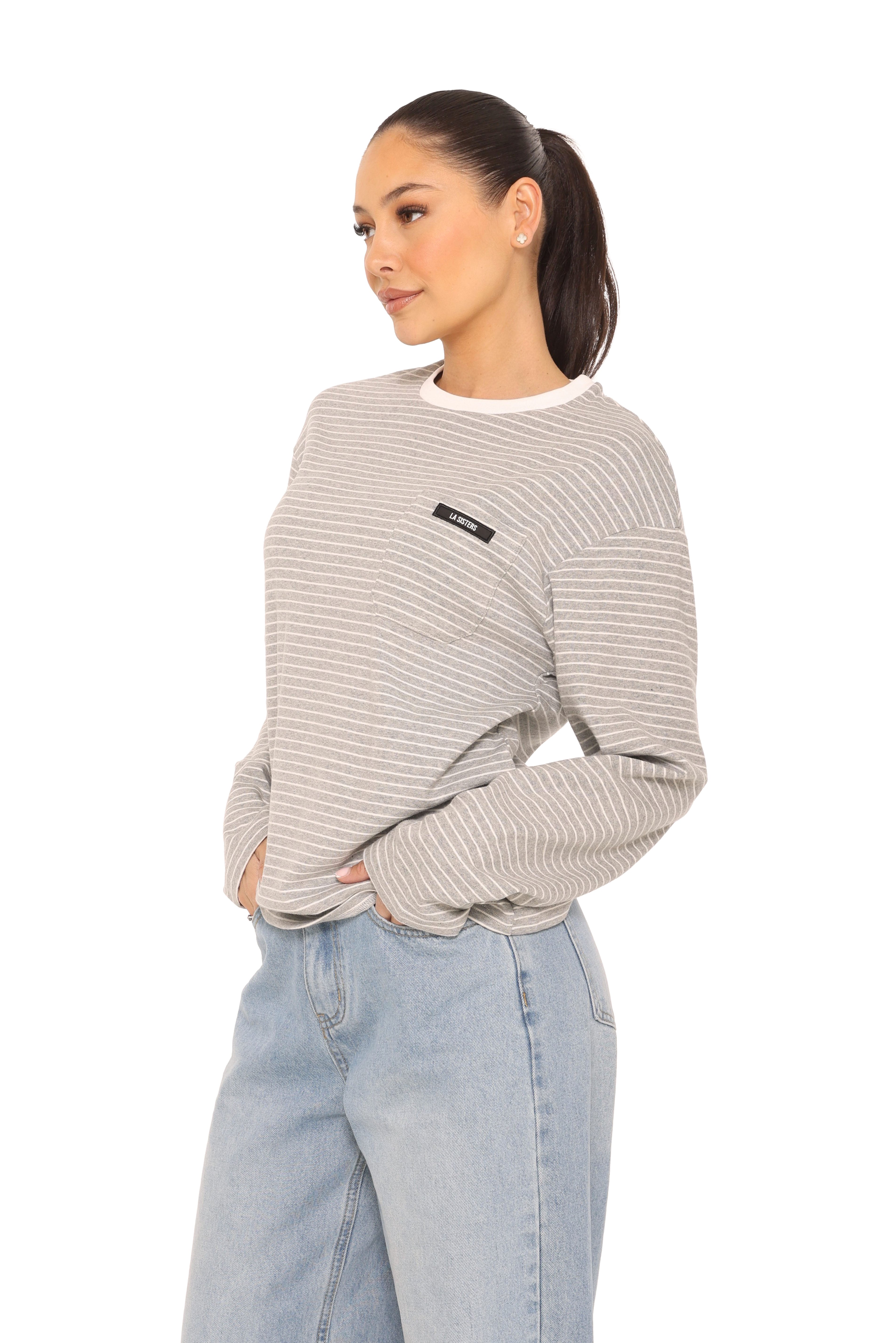 Long Sleeve Oversized Striped Tee Grey