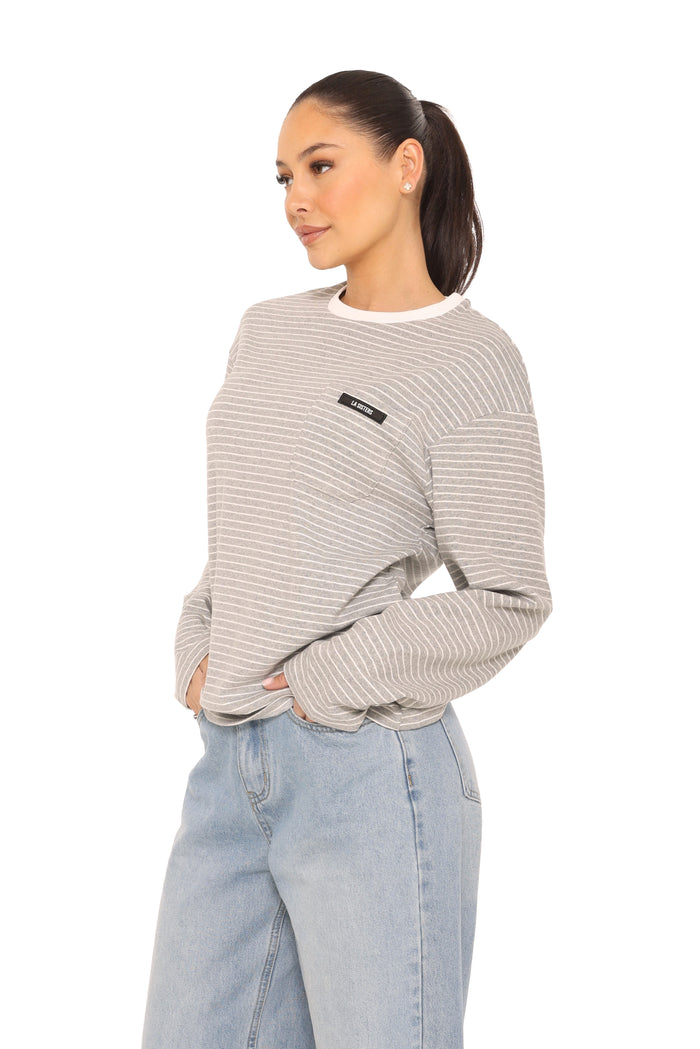Long Sleeve Oversized Striped Tee Grey
