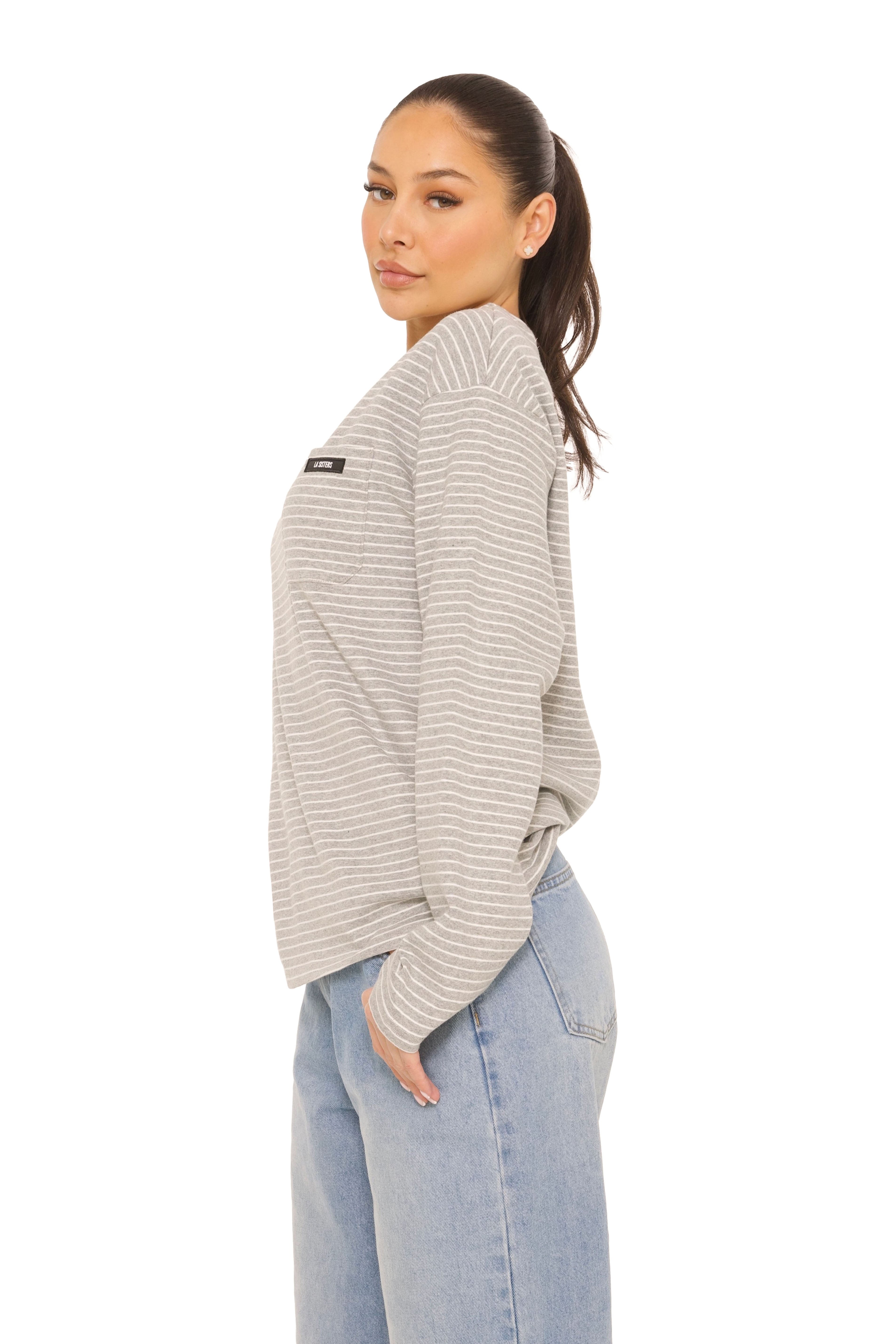Long Sleeve Oversized Striped Tee Grey