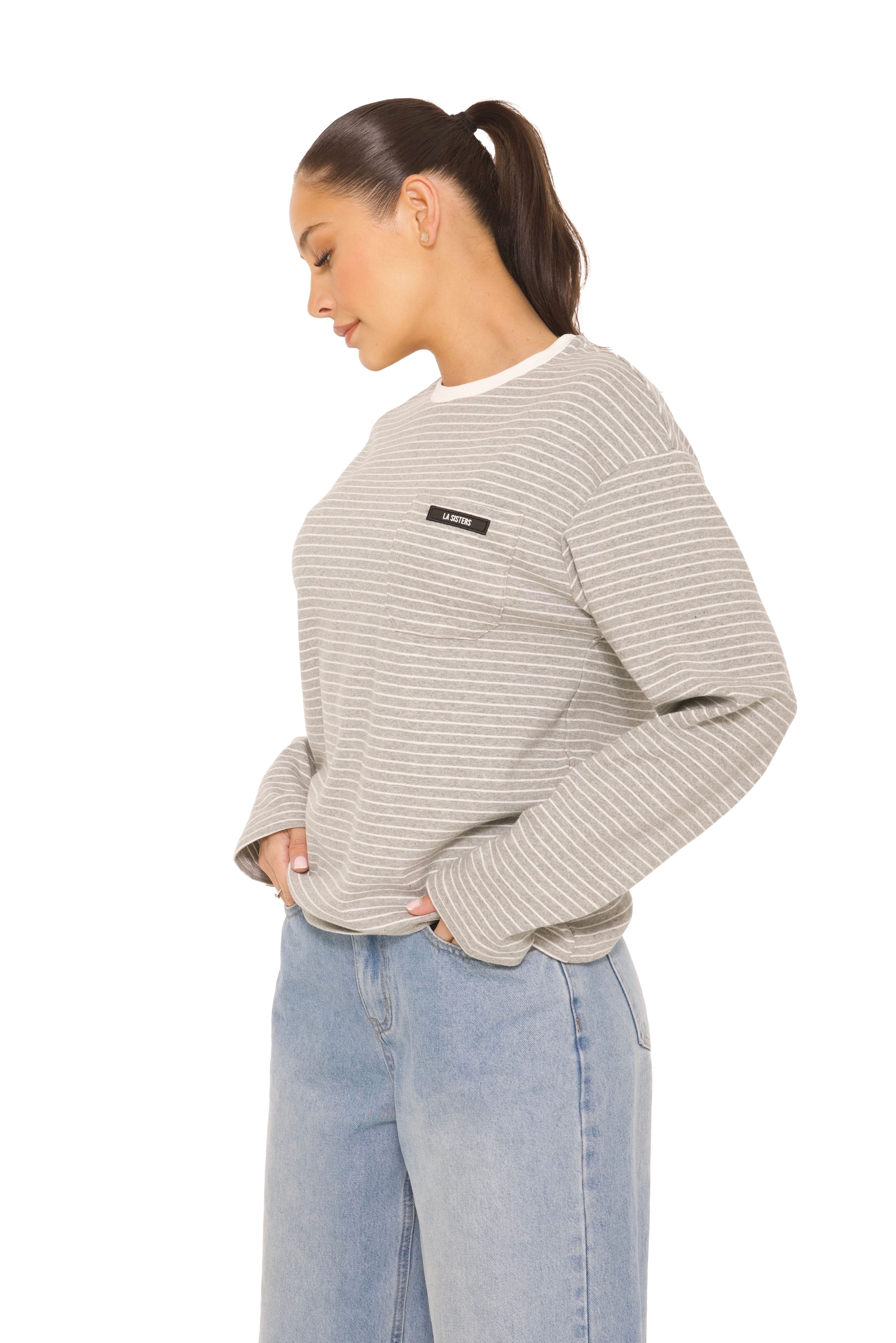 Long Sleeve Oversized Striped Tee Grey