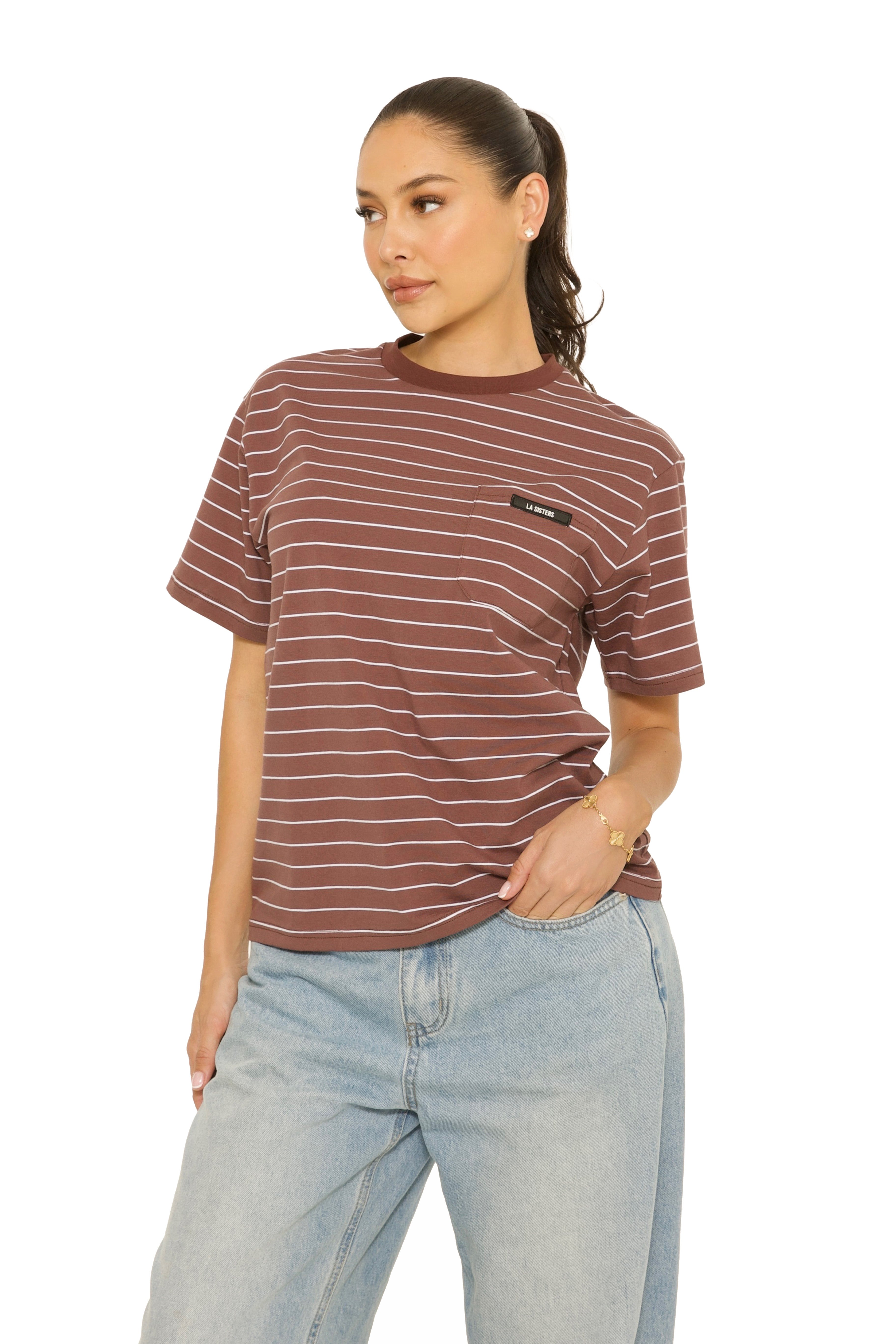 Short Sleeve Oversized Striped Tee Brown