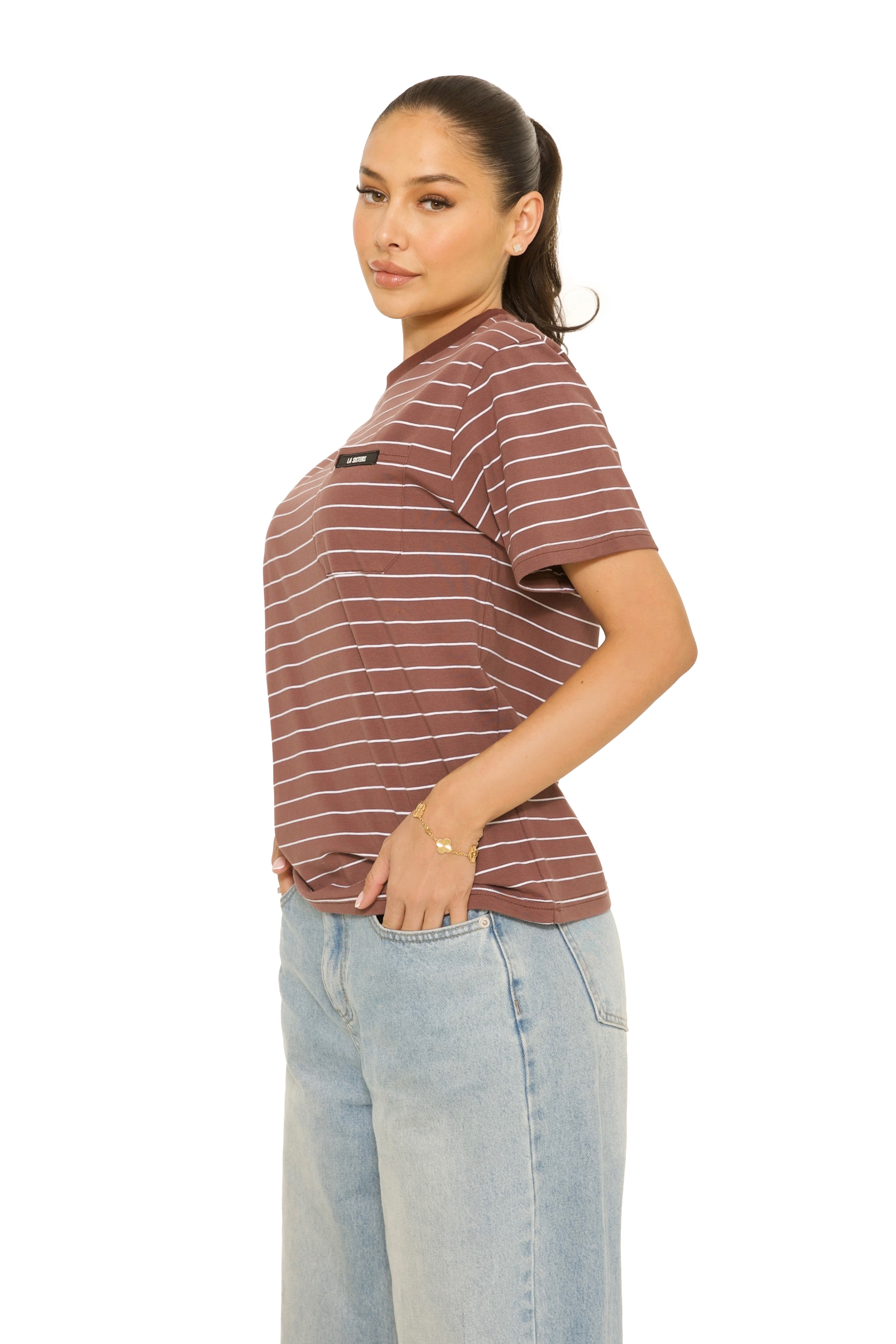 Short Sleeve Oversized Striped Tee Brown