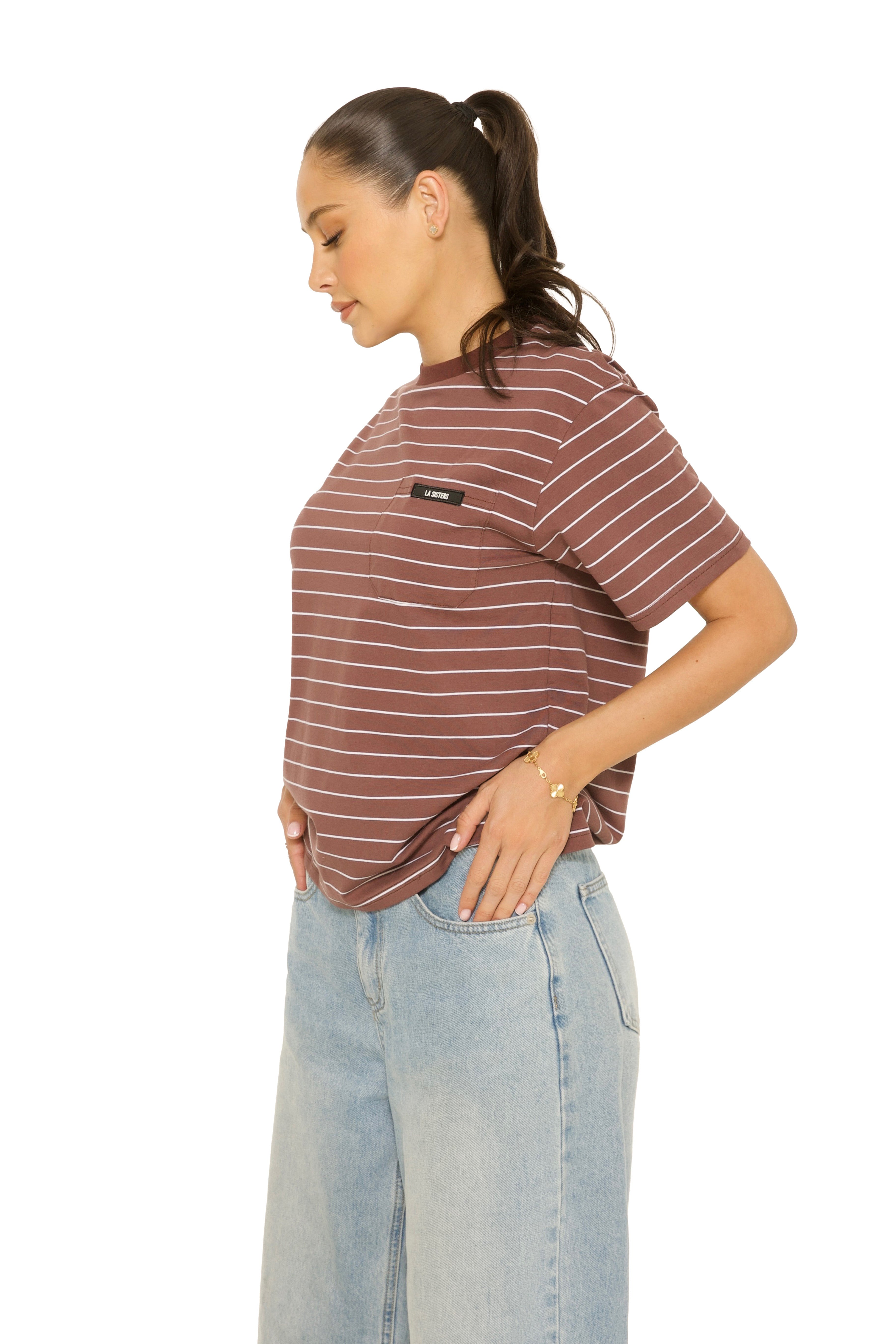 Short Sleeve Oversized Striped Tee Brown