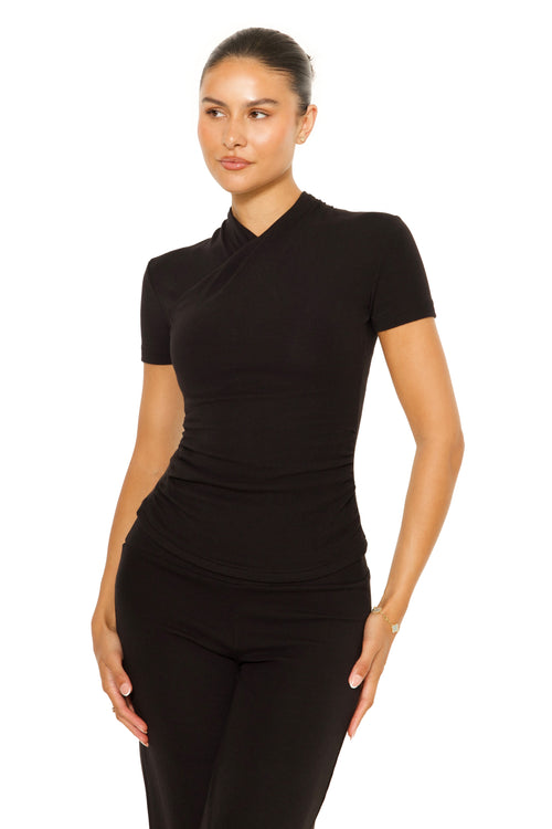 Short Sleeve Wrap Lounge Top Black