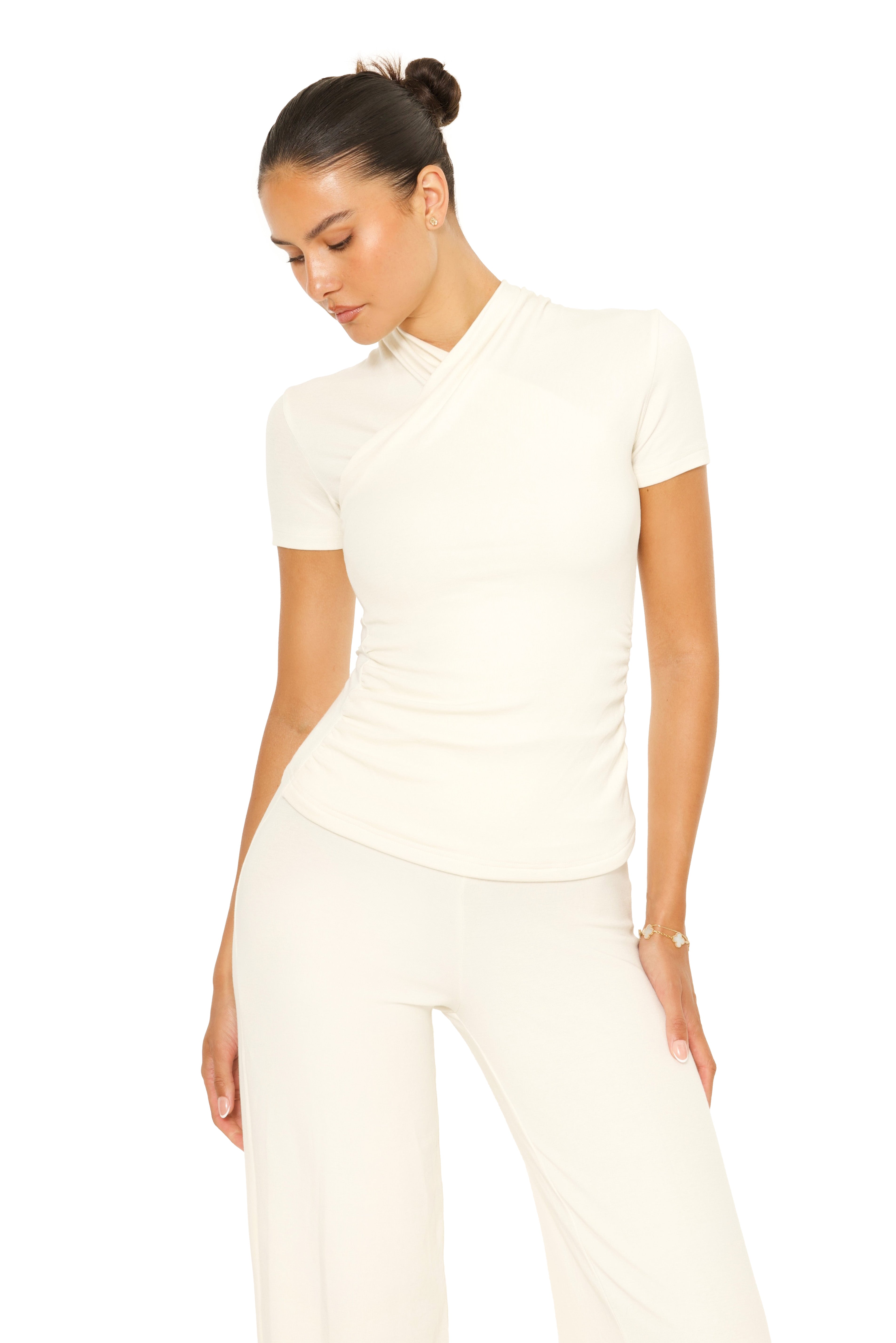 Short Sleeve Wrap Lounge Top Cream