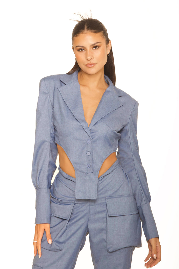 Cropped Shoulder Pad Blouse Denim