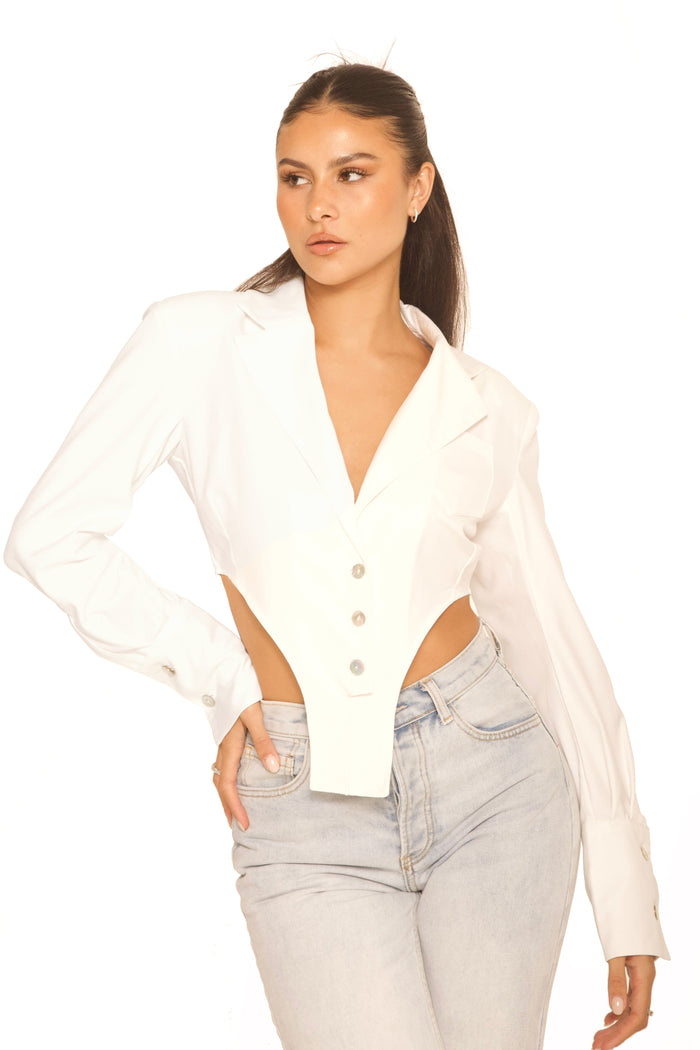 Cropped Shoulder Pad Blouse White