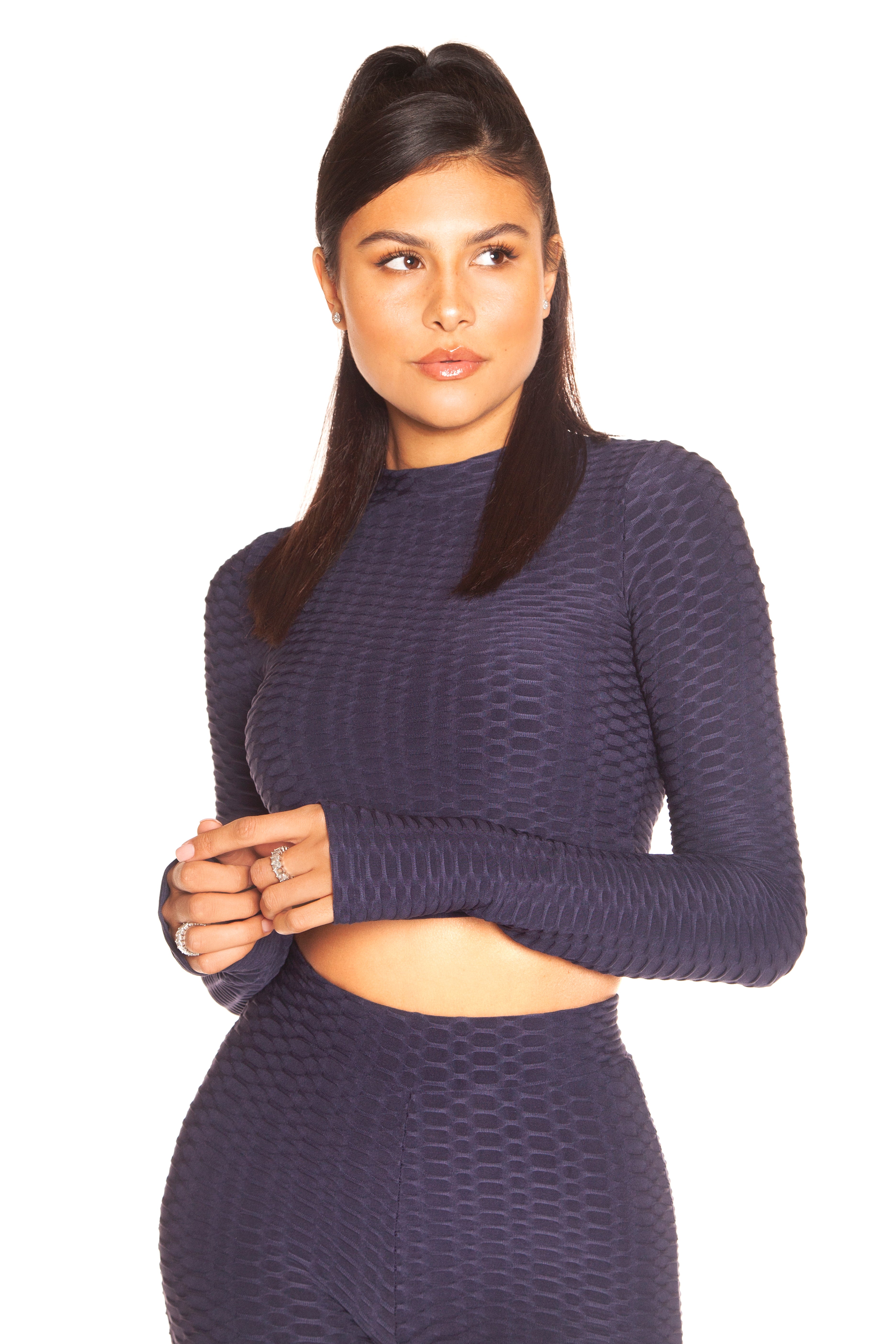 Honeycomb Long Sleeve Crop Top Navy