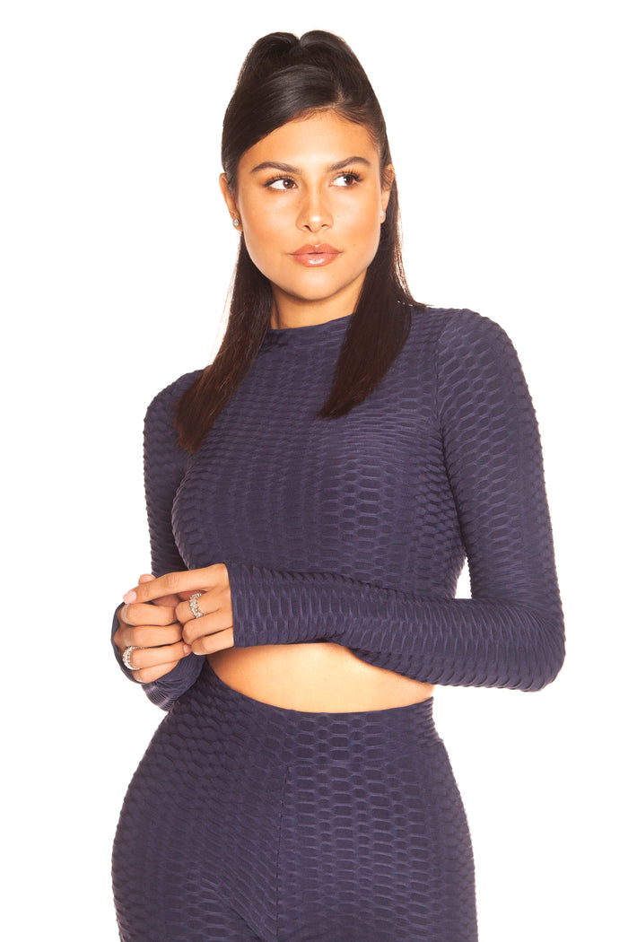 Honeycomb Long Sleeve Crop Top Navy