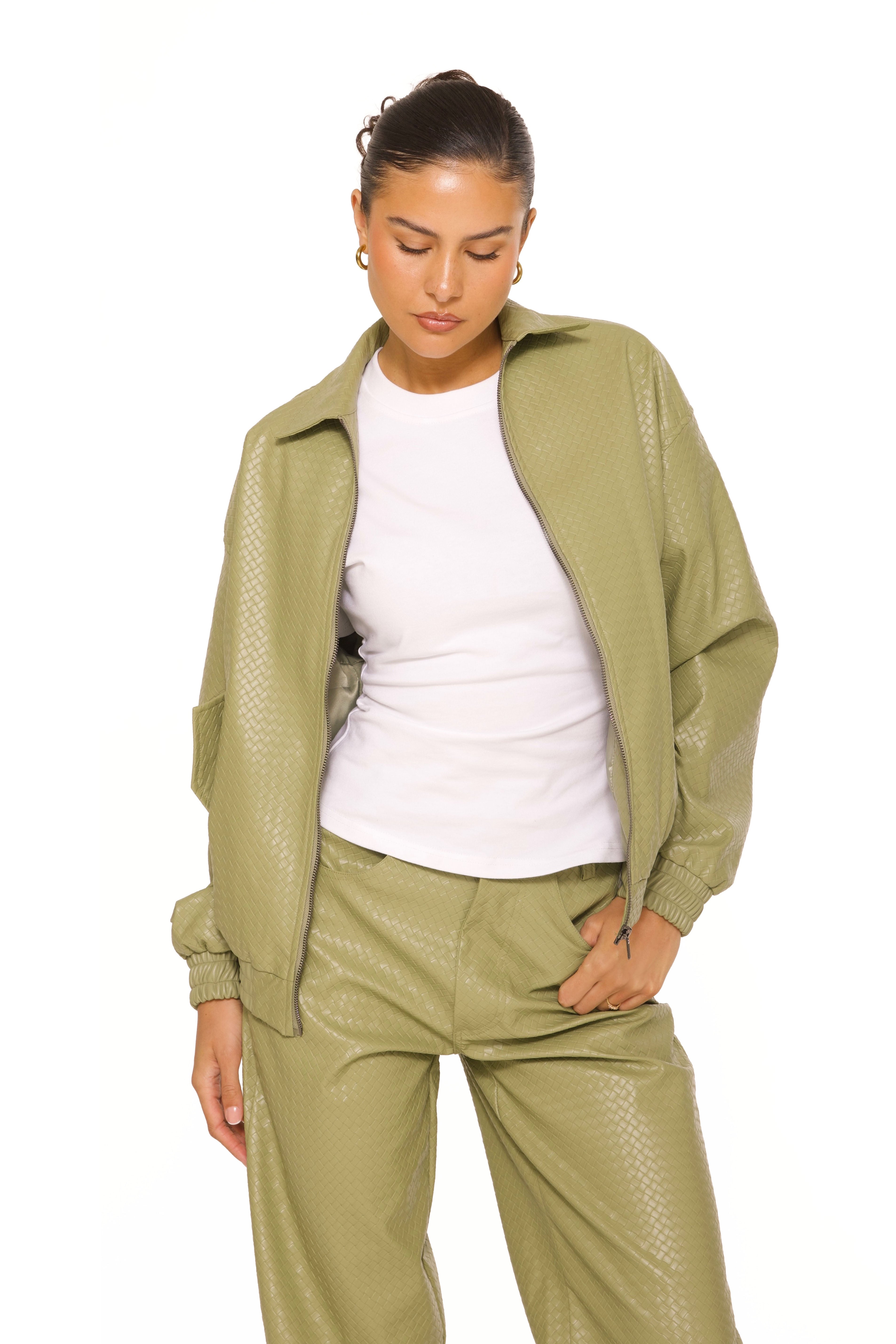 Leather Woven Bomberjacket Khaki