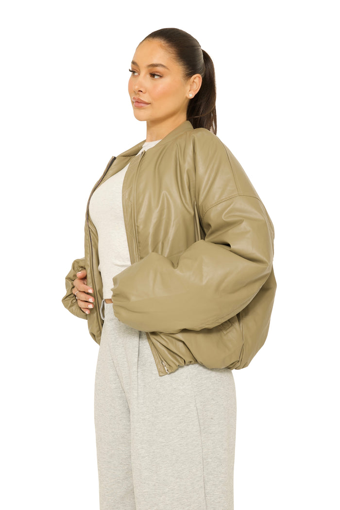 Oversized Leather Bomberjacket Khaki Green
