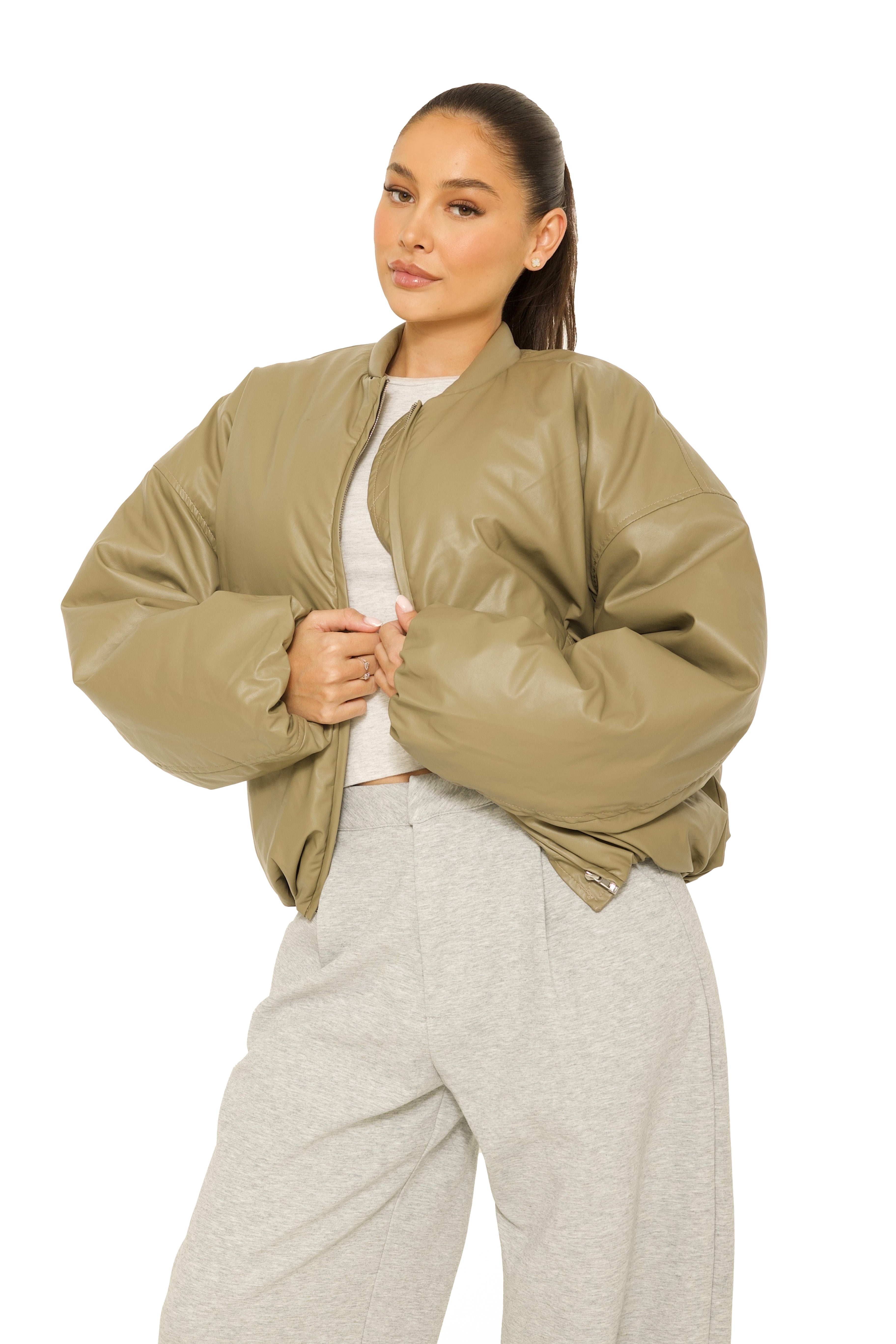 Oversized Leather Bomberjacket Khaki Green