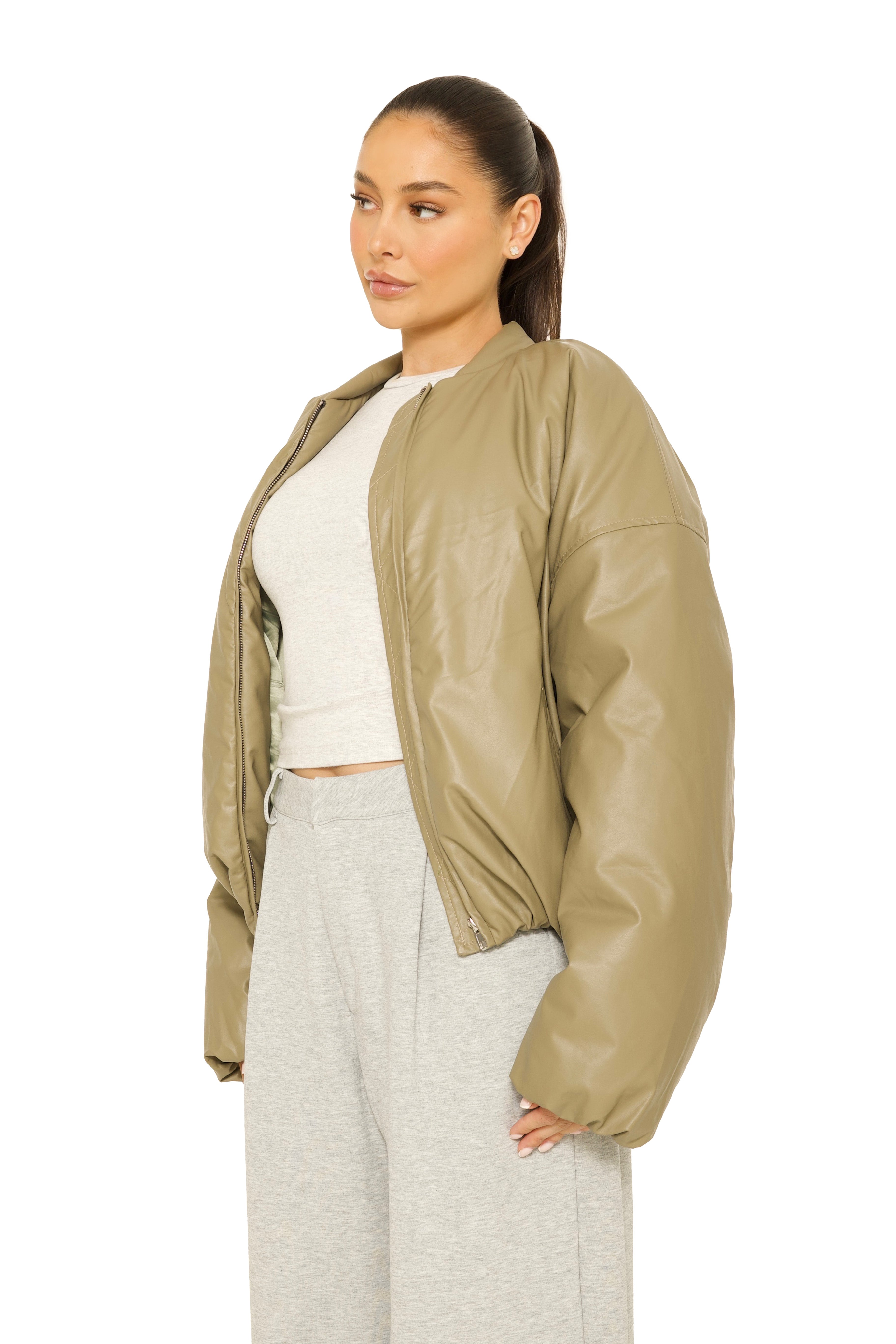 Oversized Leather Bomberjacket Khaki Green