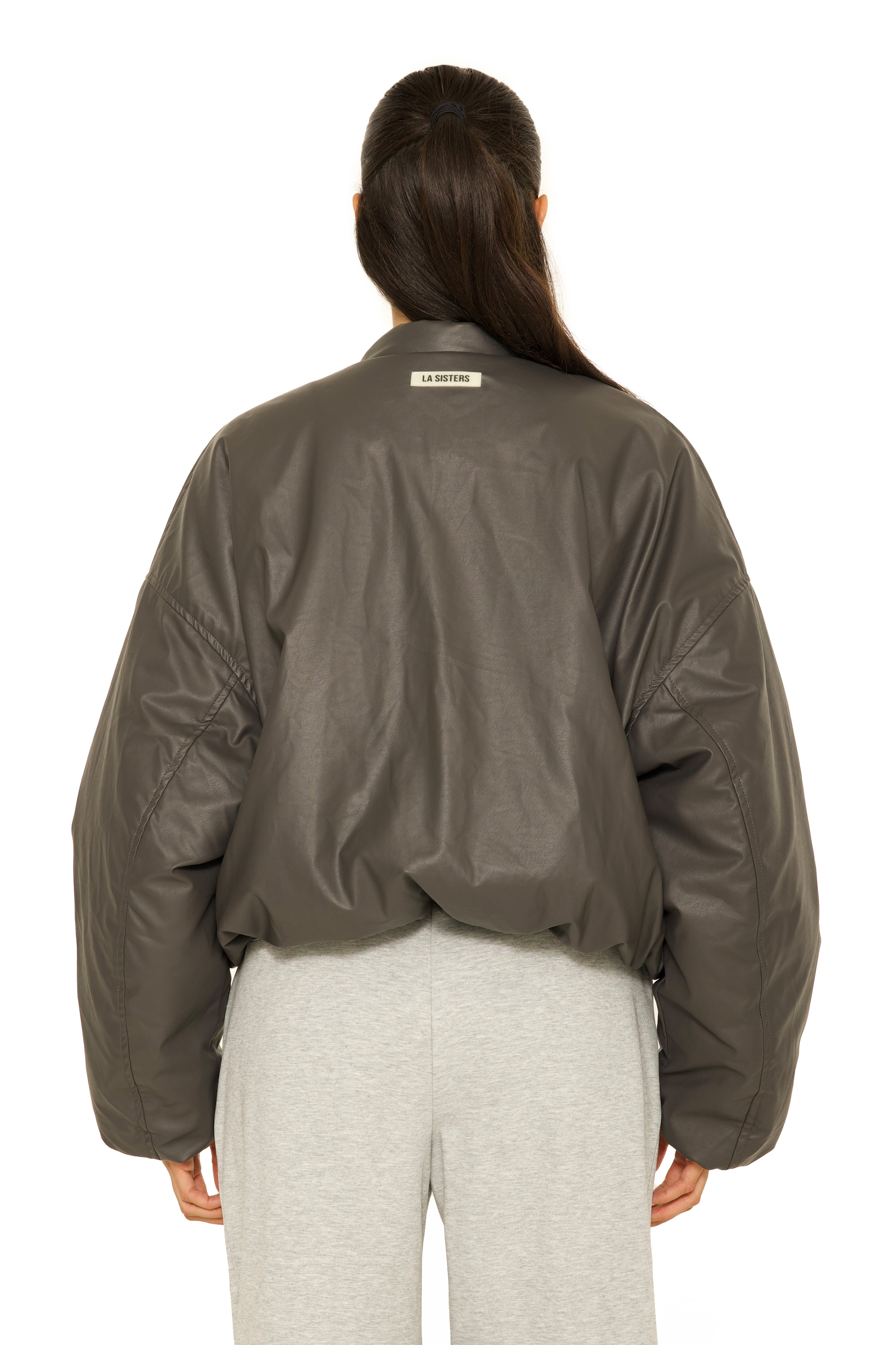 Oversized Leather Bomberjacket Charcoal Grey