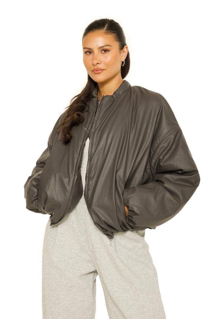 Oversized Leather Bomberjacket Charcoal Grey