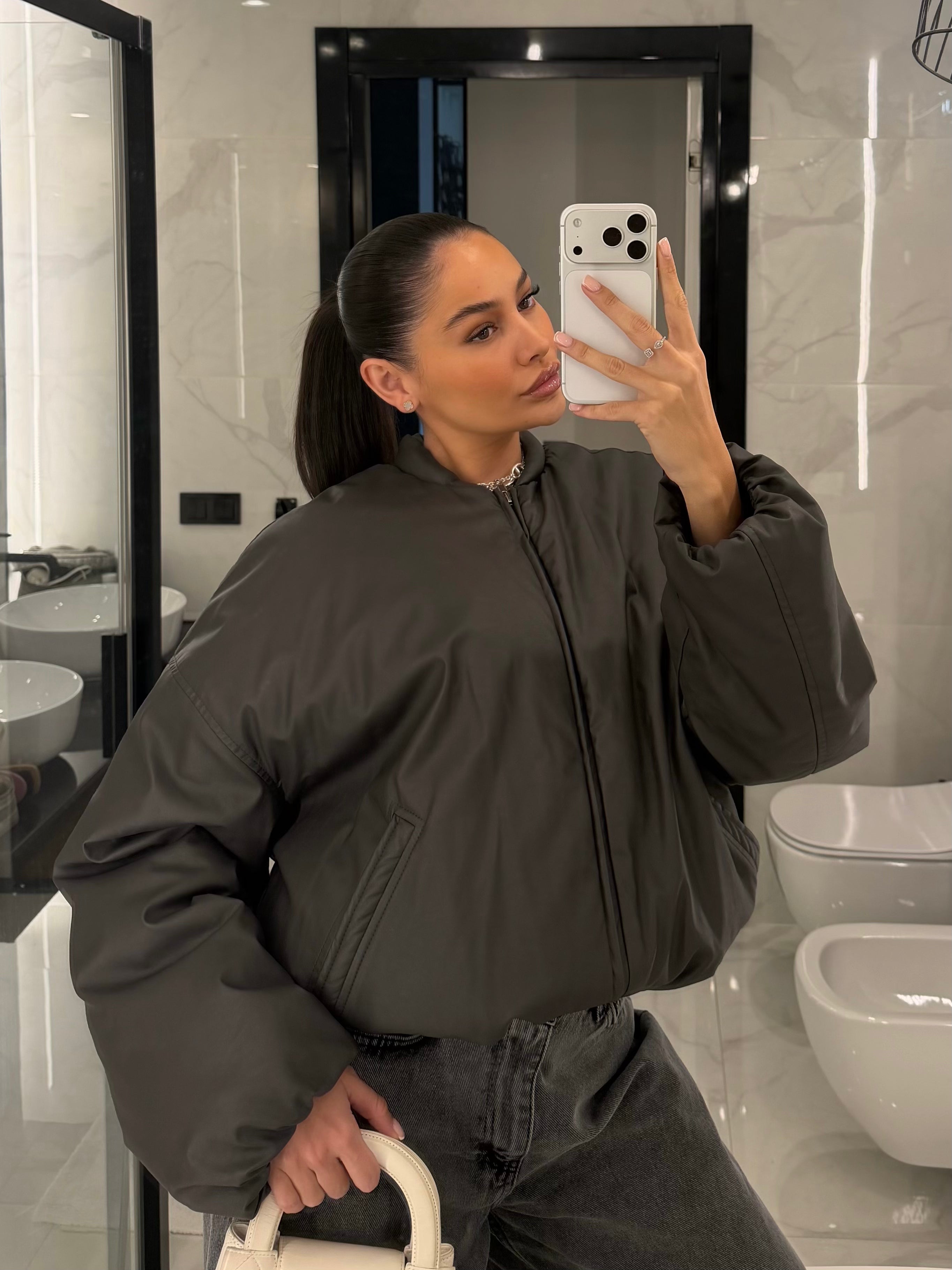 Oversized Leather Bomberjacket Charcoal Grey