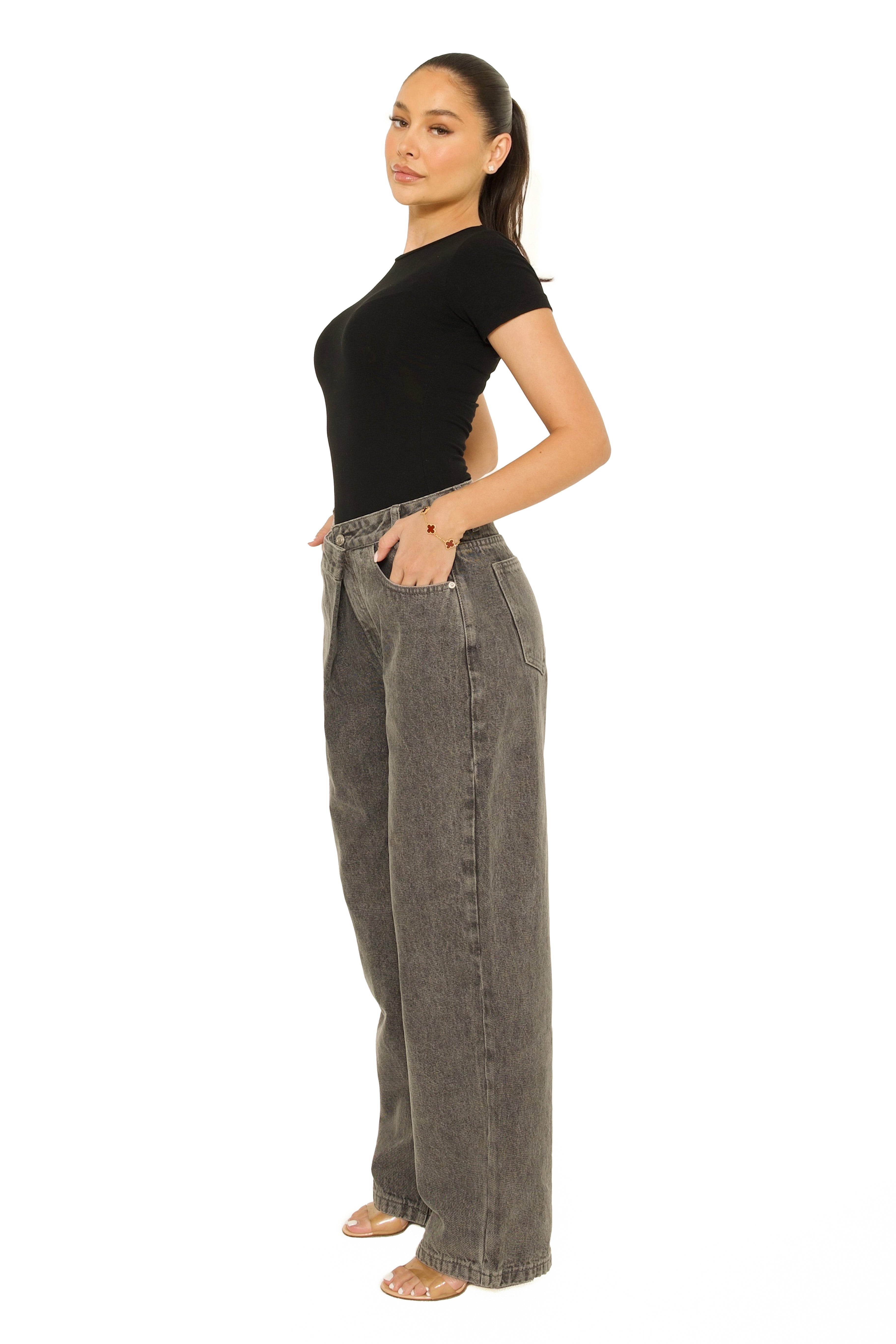 Fold Over Jeans Light Grey