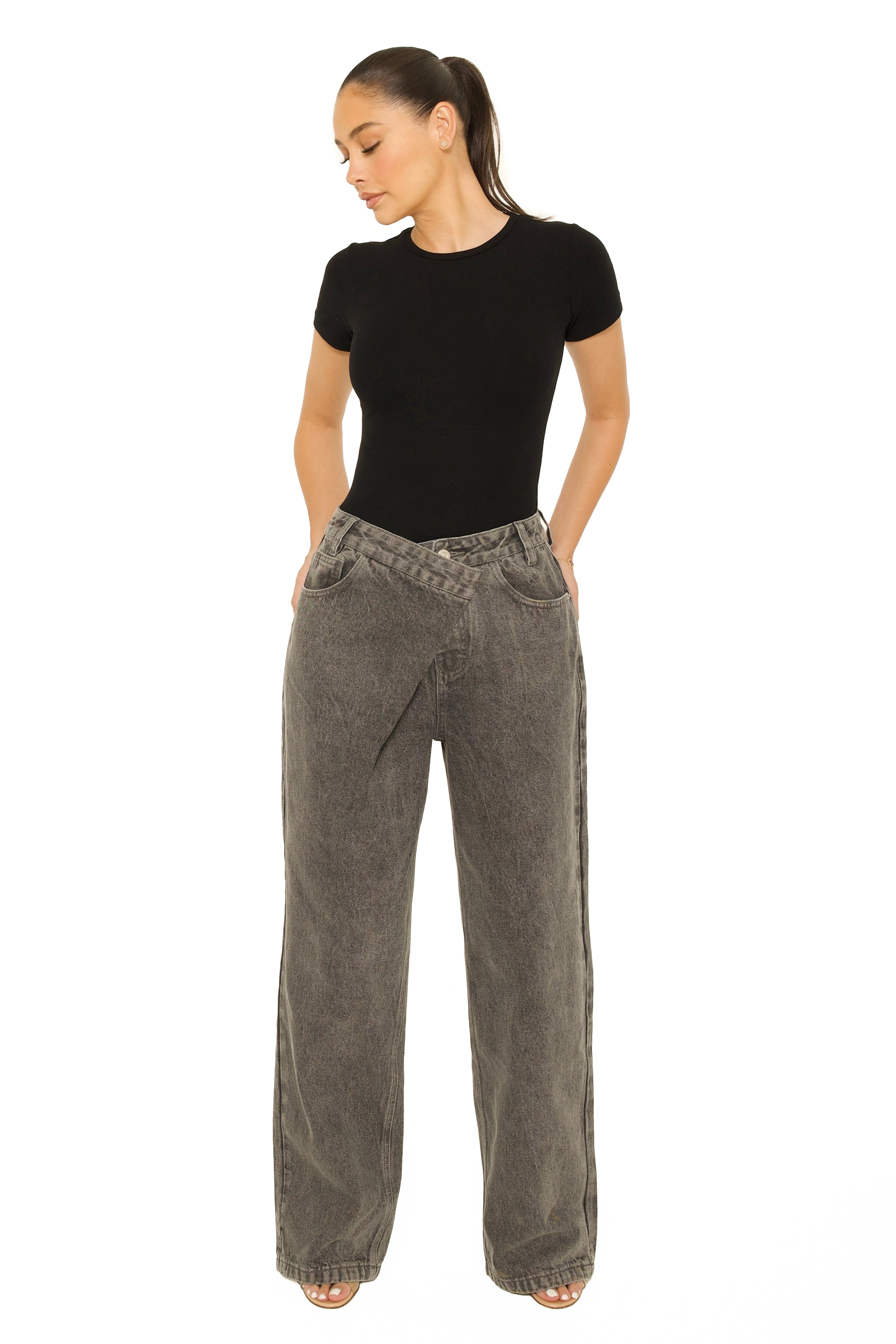 Fold Over Jeans Light Grey