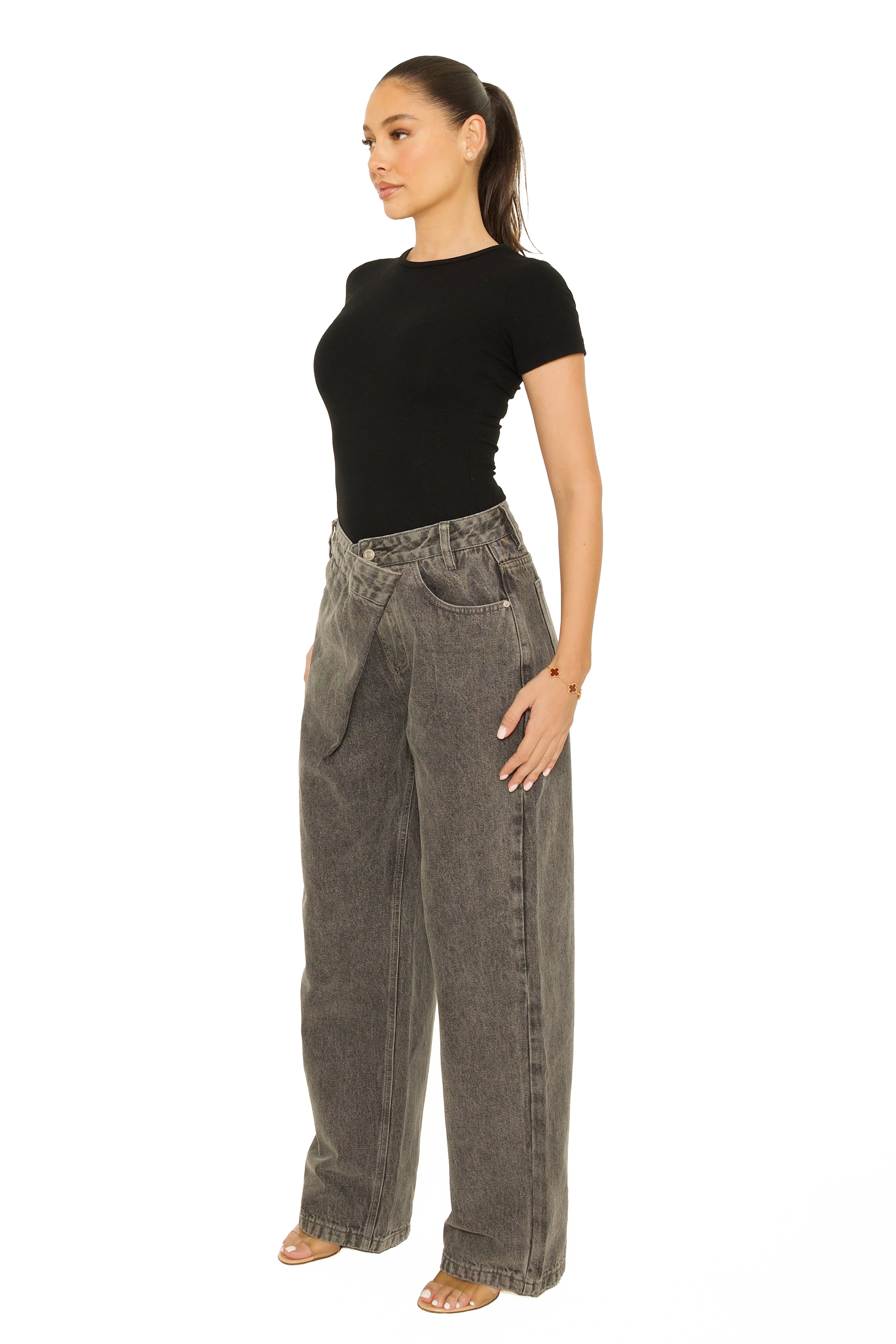 Fold Over Jeans Light Grey