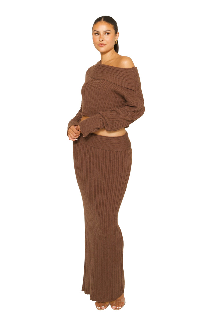 Knitted Off-Shoulder Co-Ord Brown