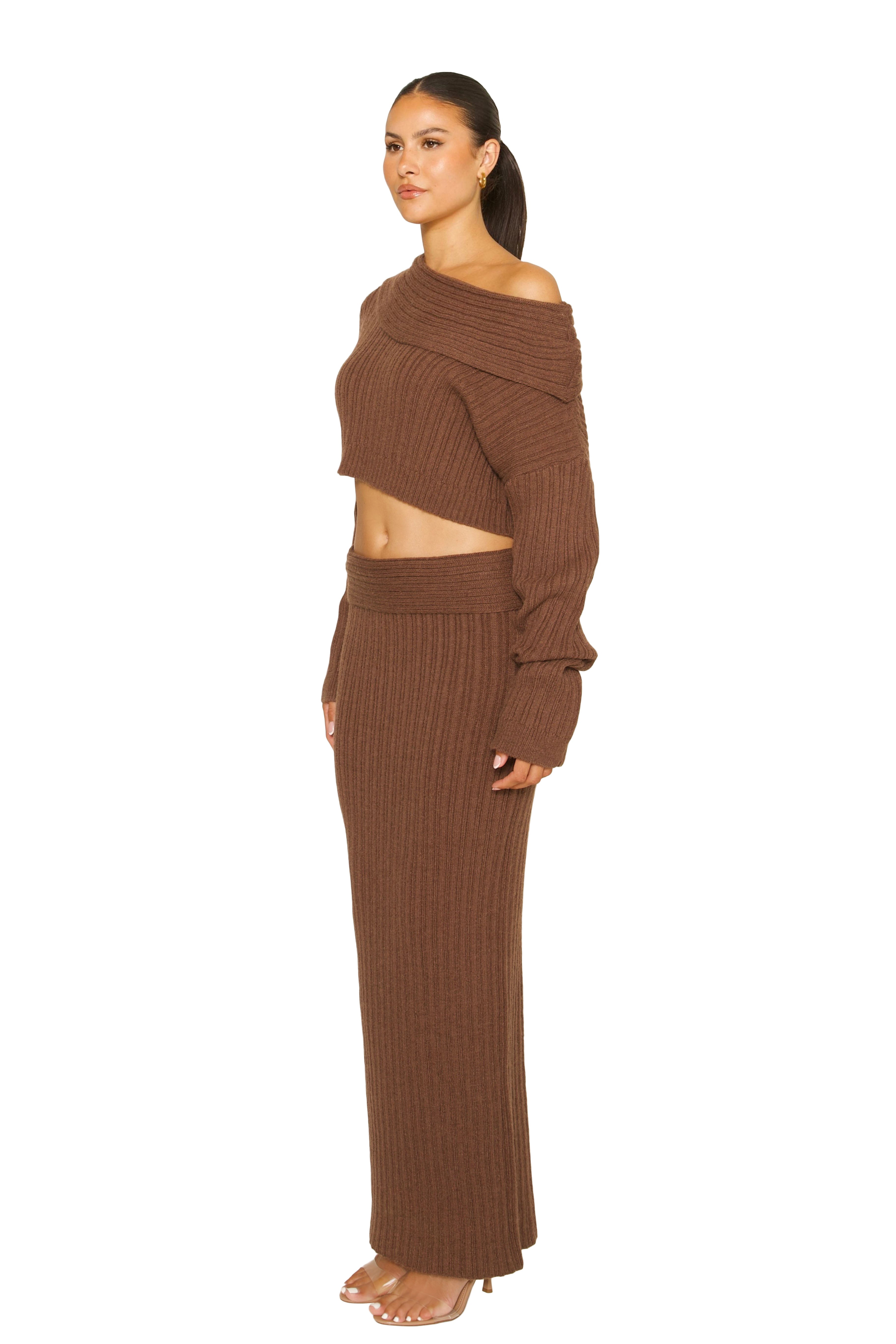 Knitted Off-Shoulder Co-Ord Brown