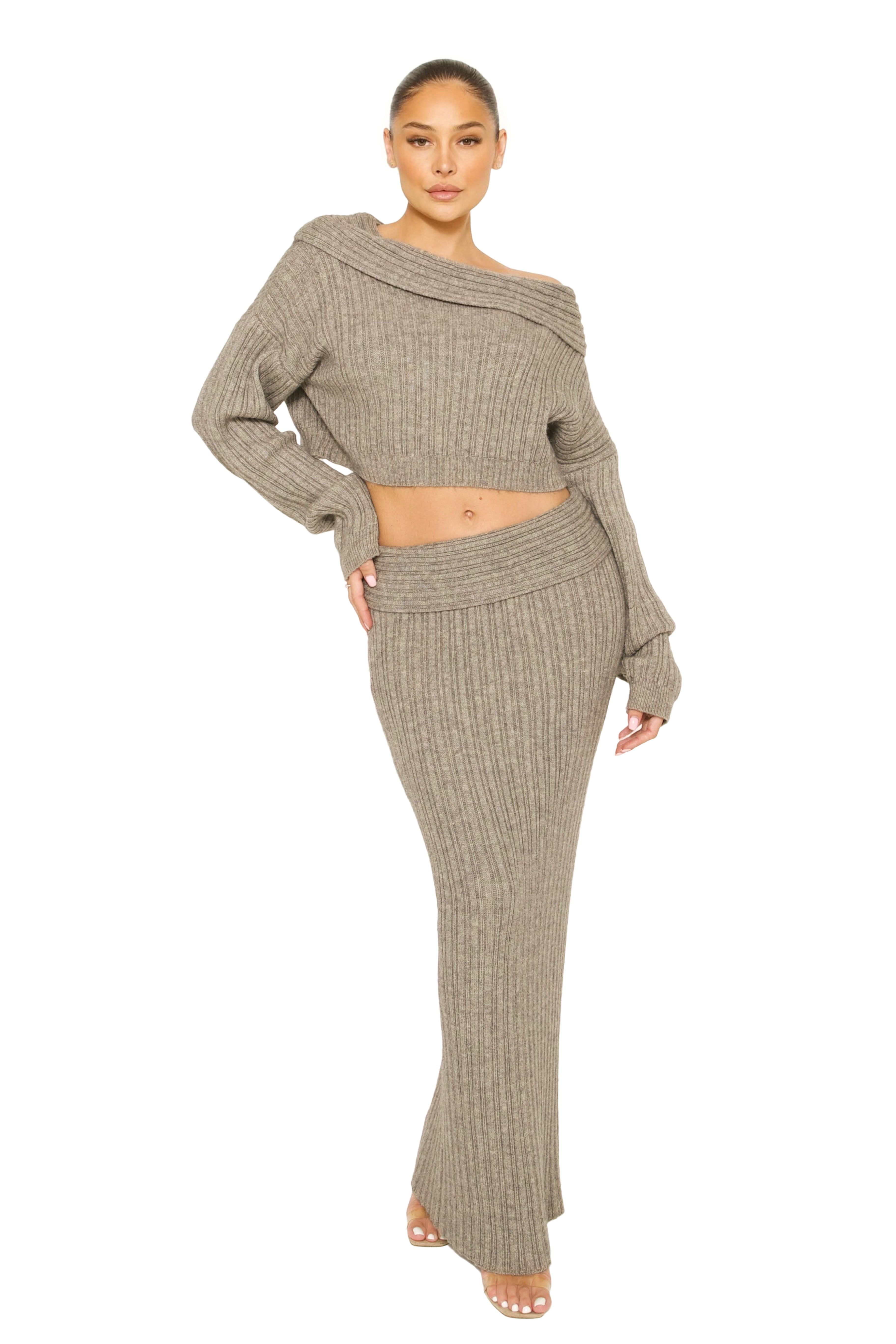 Knitted Off-Shoulder Co-Ord Grey