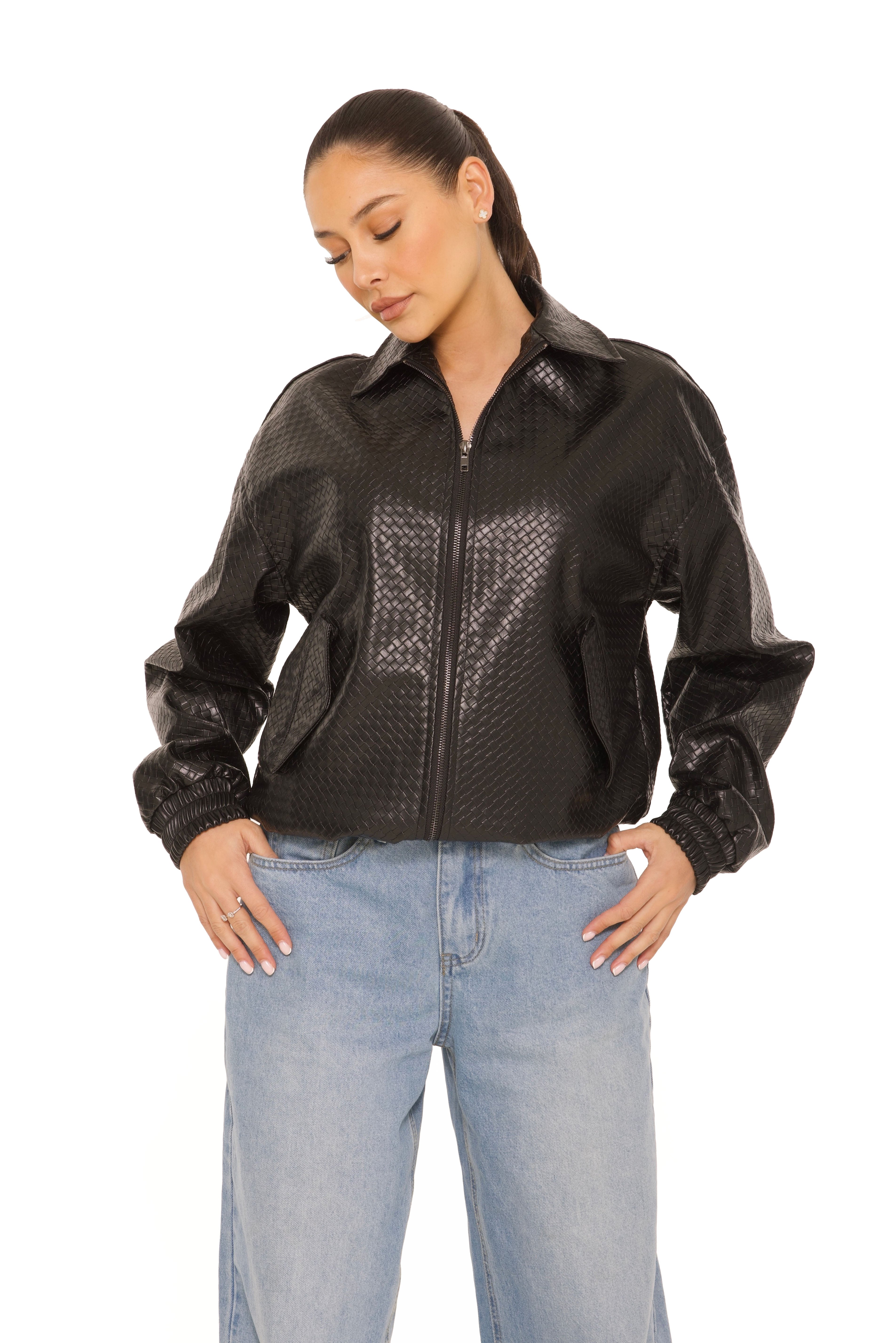 Leather Woven Bomberjacket Black