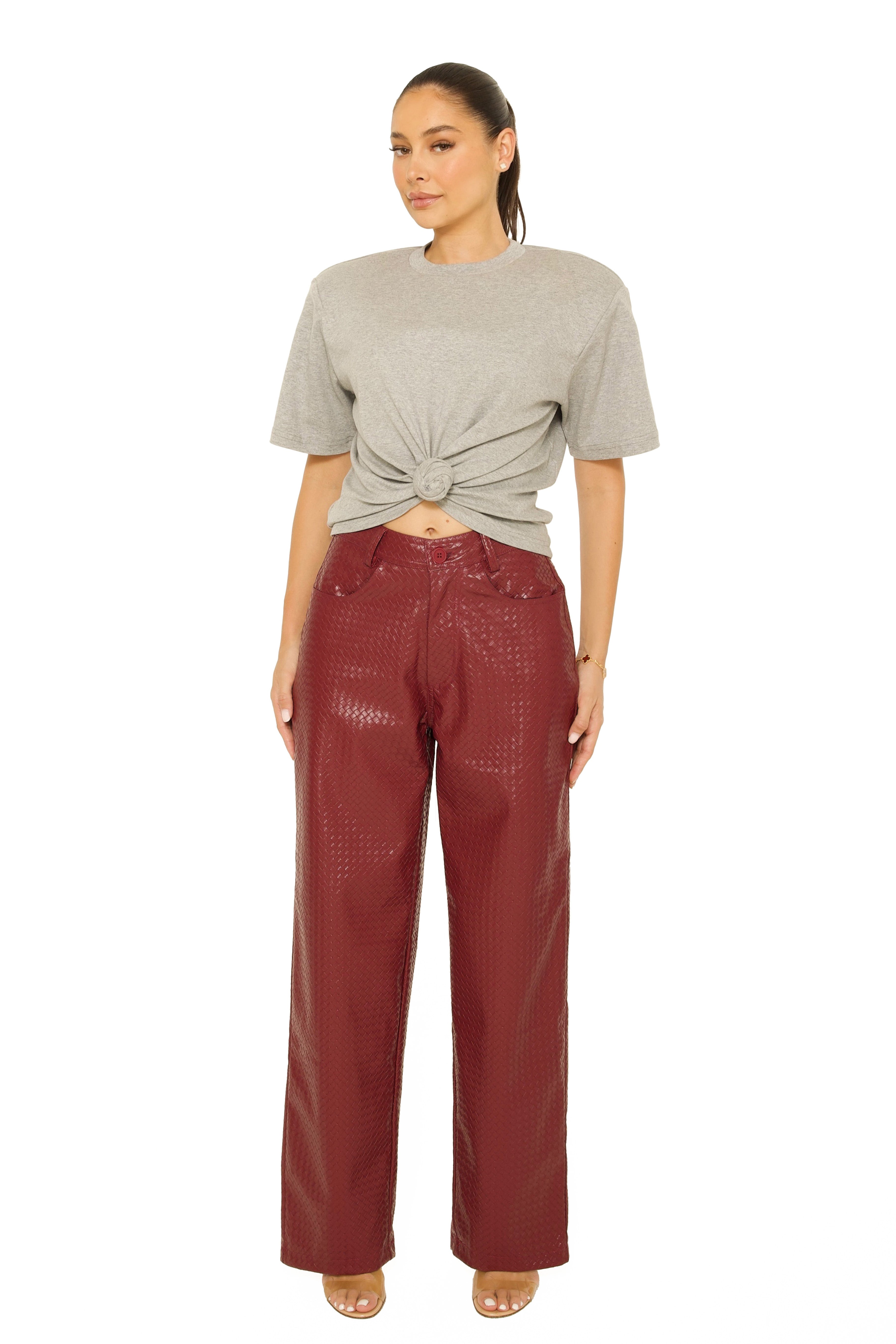 Leather Woven Pants Burgundy
