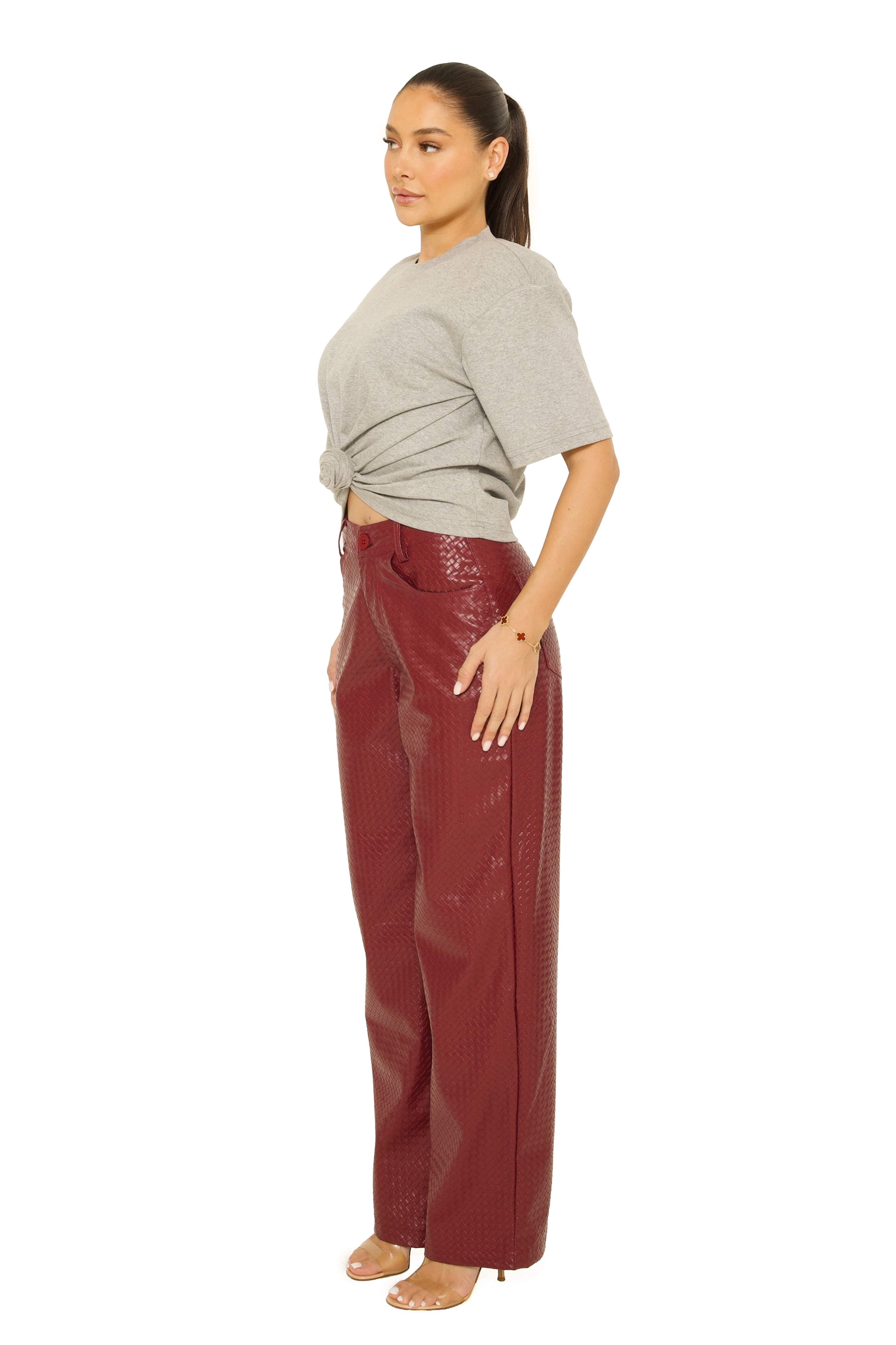 Leather Woven Pants Burgundy