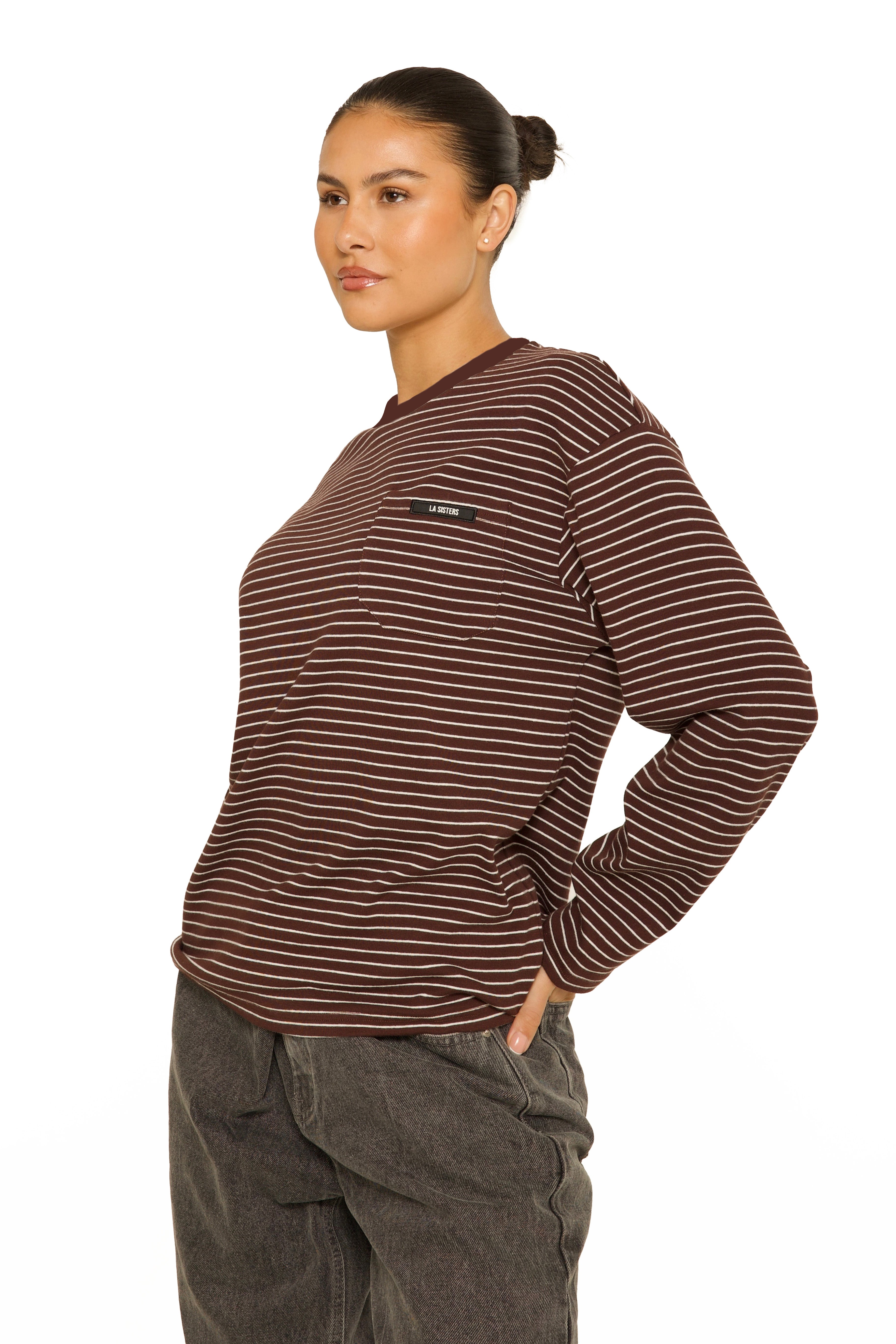Long Sleeve Oversized Striped Tee Brown