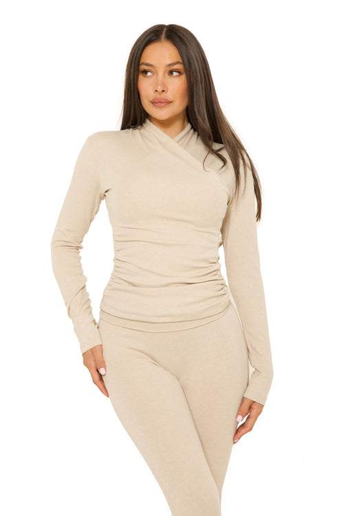 Long Sleeve Wrap Lounge Top Beige