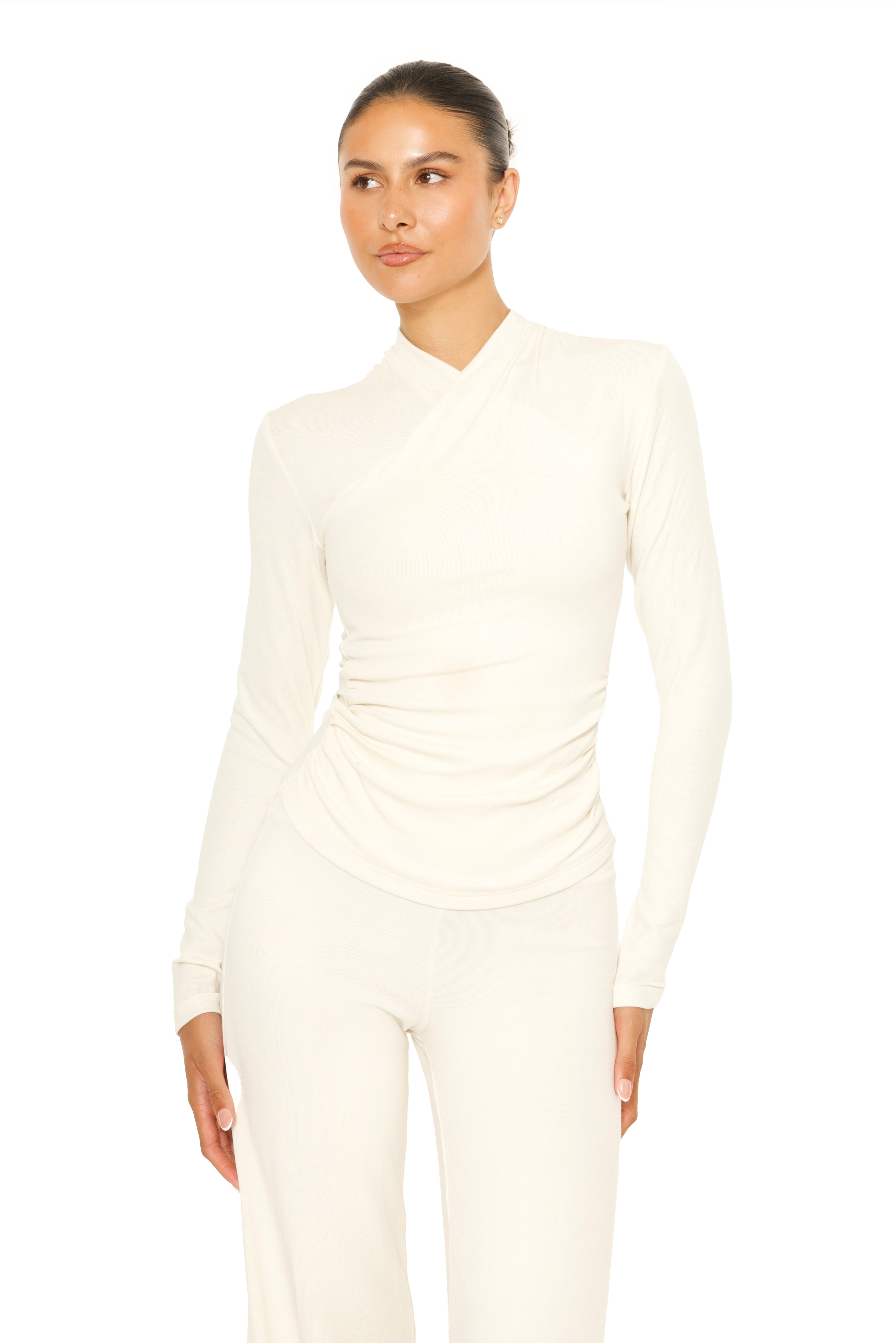 Long Sleeve Wrap Lounge Top Cream