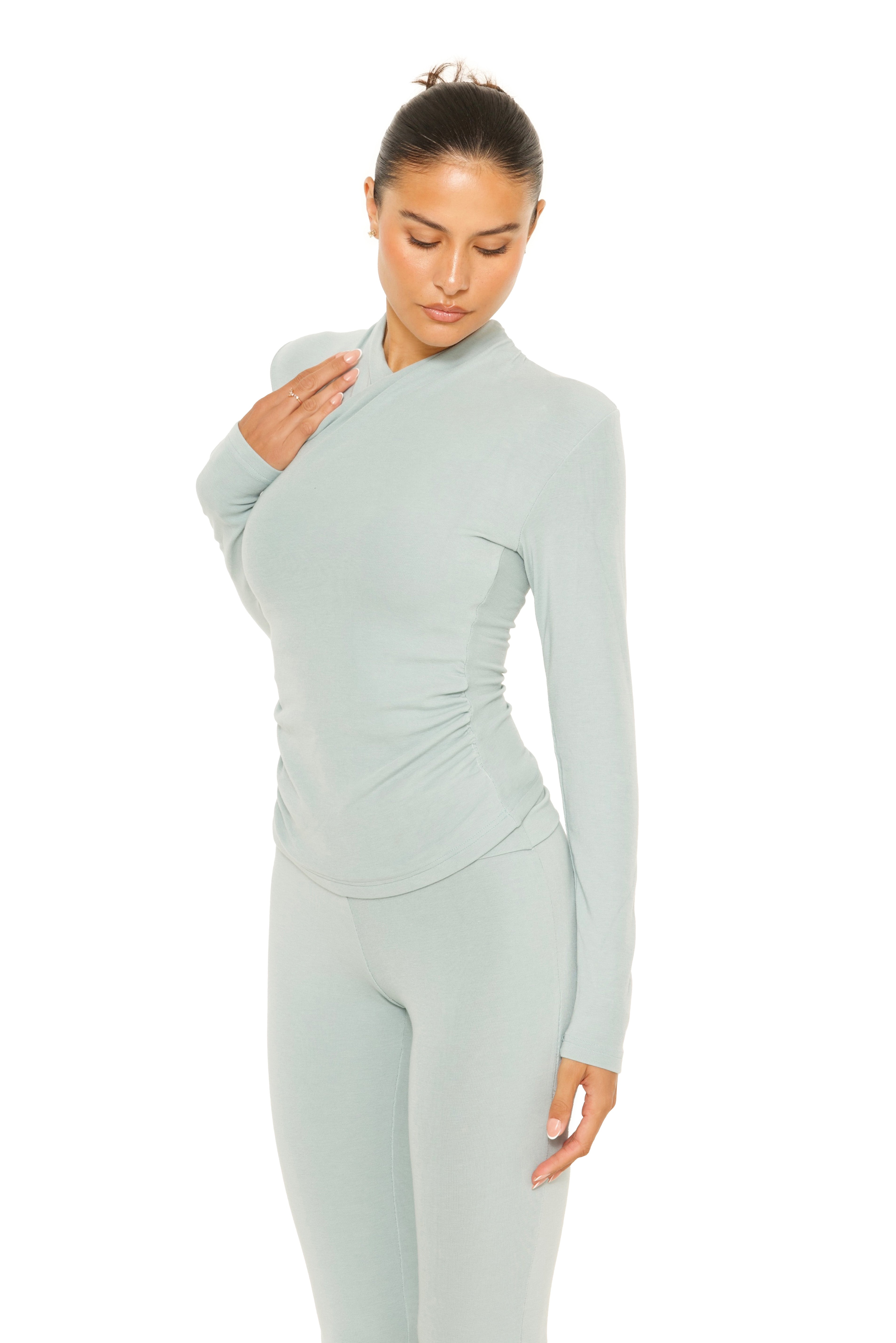 Long Sleeve Wrap Lounge Top Sage
