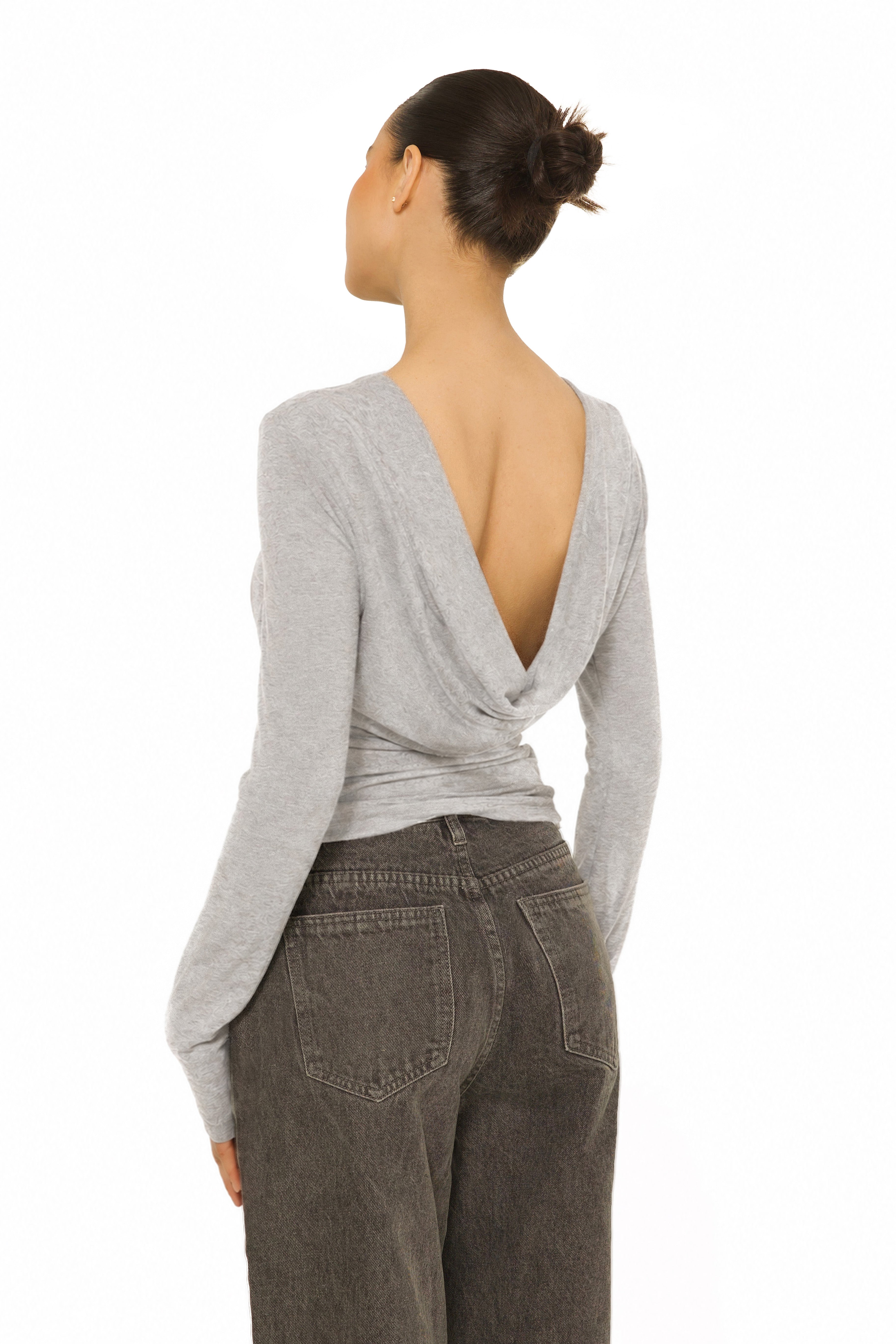 Long Sleeve Open Back Top Grey
