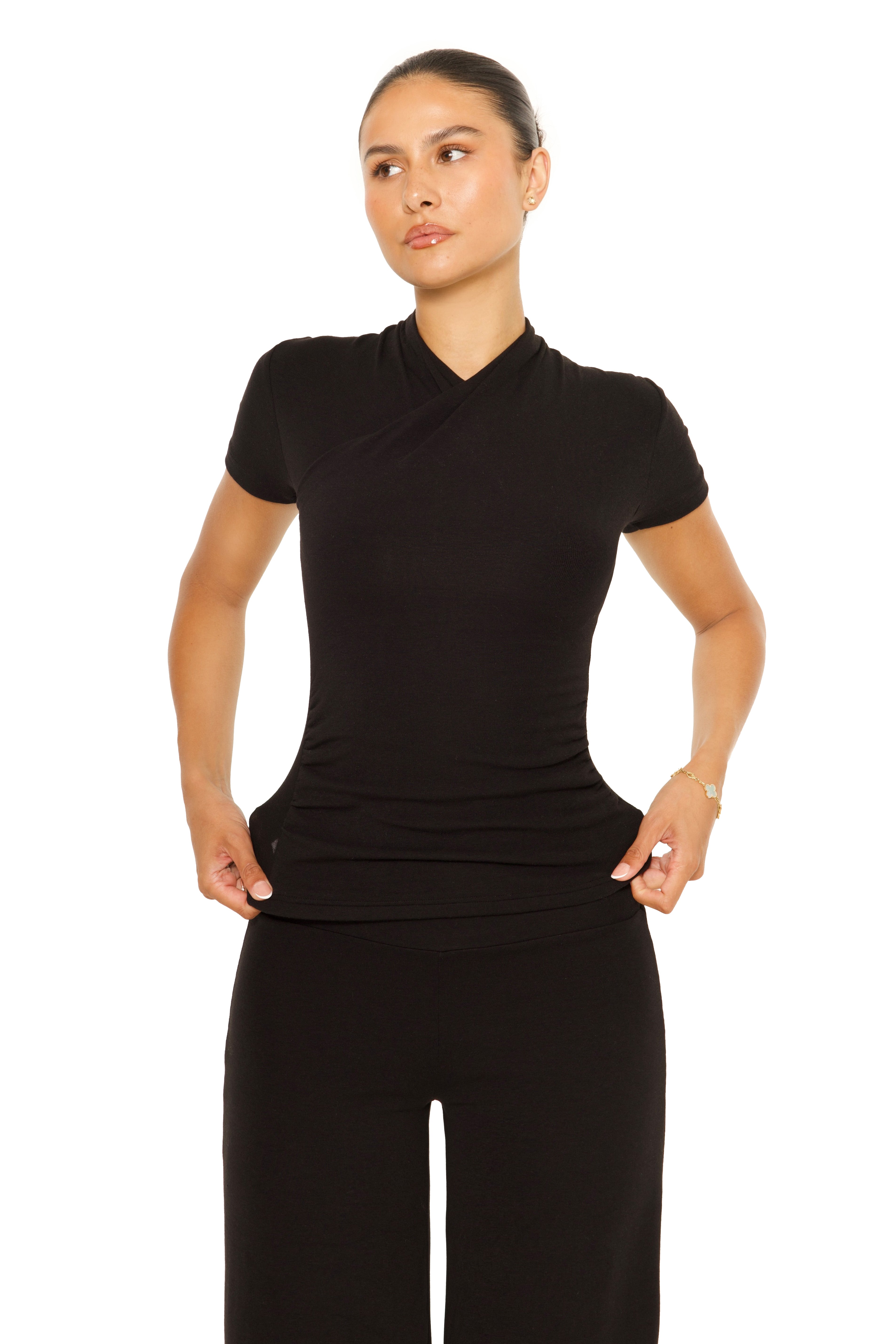 Short Sleeve Wrap Lounge Top Black